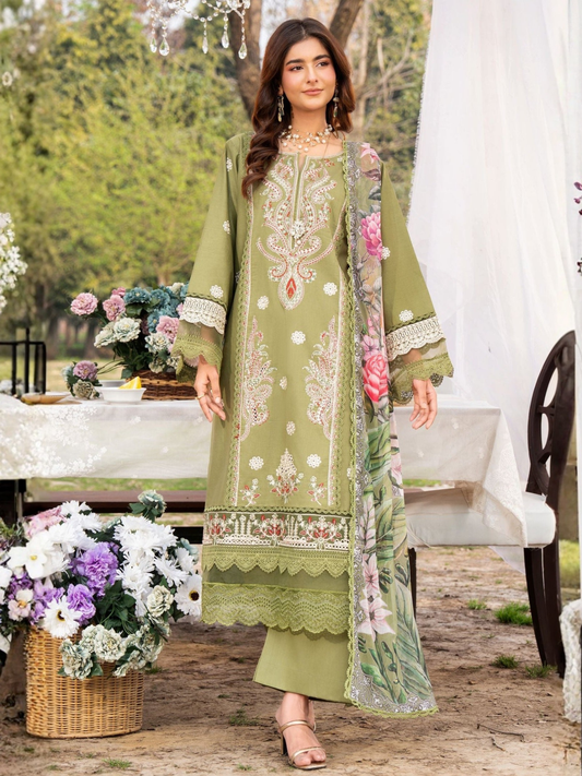 Green-Chandan Nagri Lawn Embroidered Stitched 3-Piece Suit-Meihua Pearl