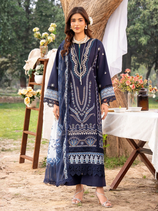 Blue-Chandan Nagri Lawn Embroidered Stitched 3-Piece Suit-Souci