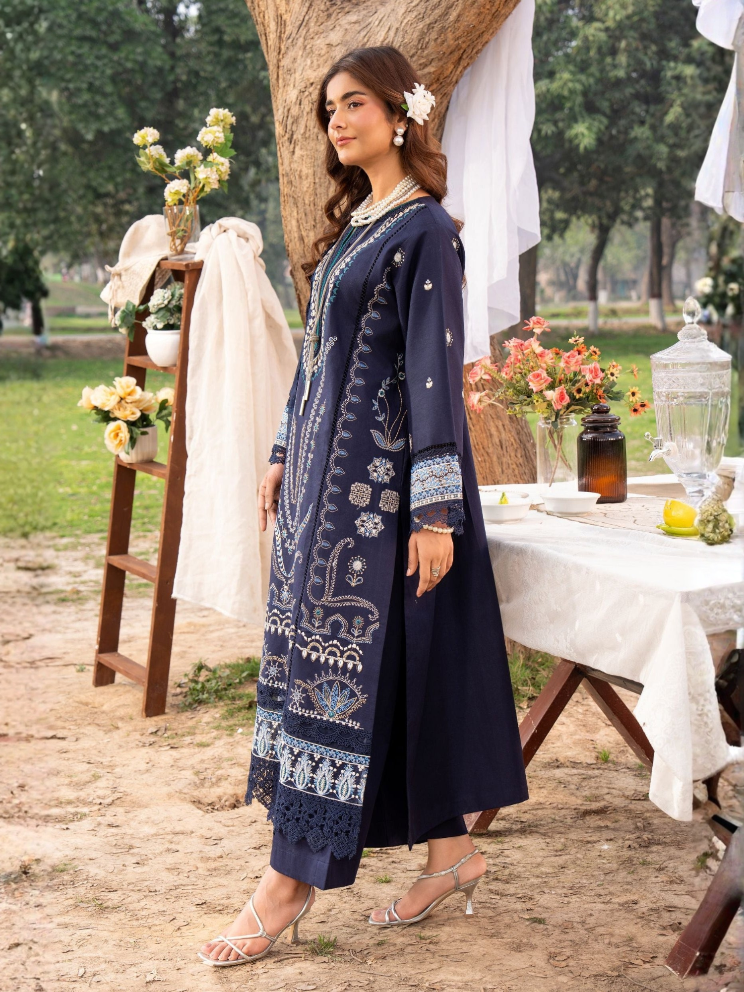 Blue-Chandan Nagri Lawn Embroidered Stitched 3-Piece Suit-Souci