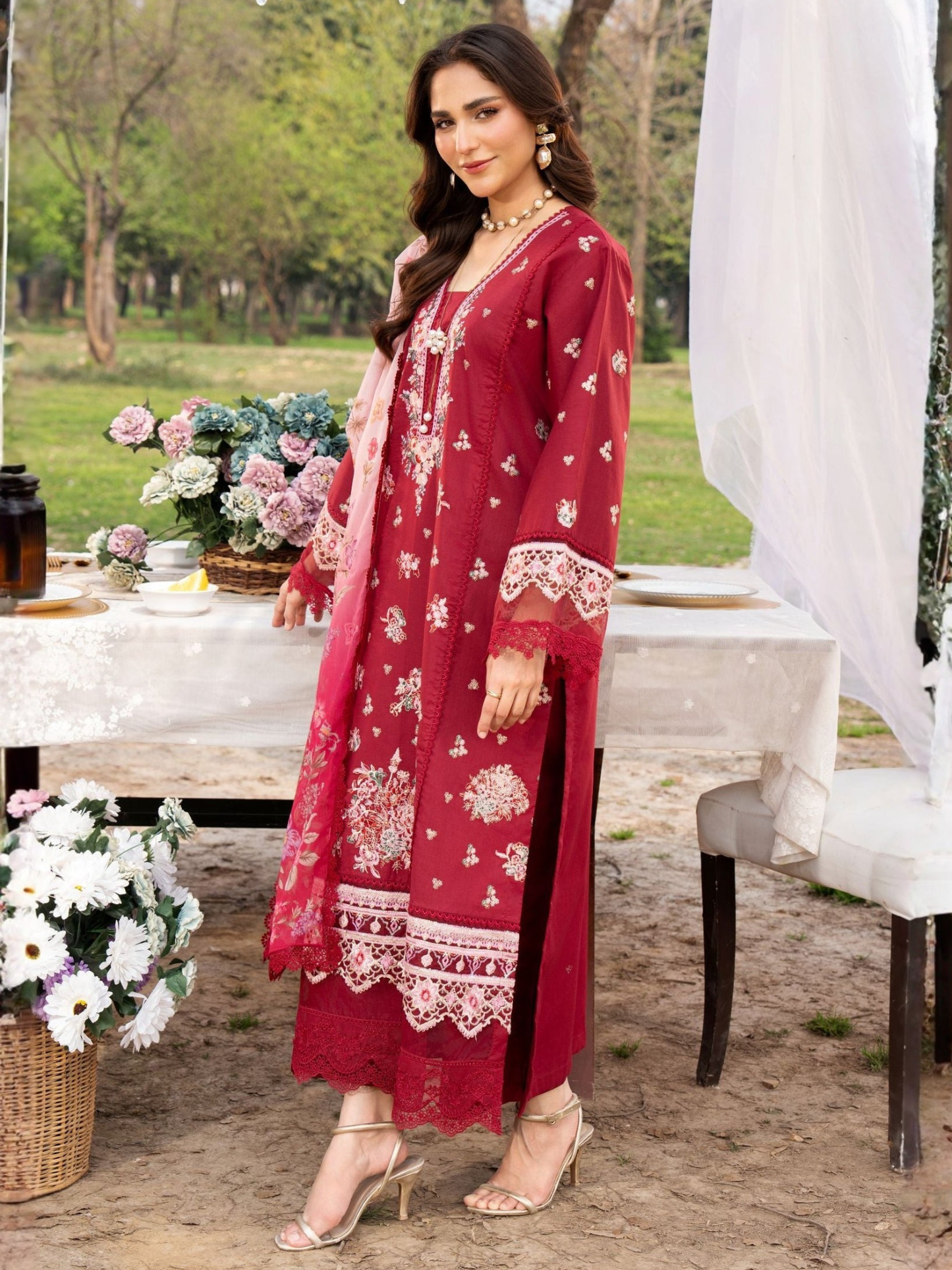 Red-Chandan Nagri Lawn Embroidered Stitched 3-Piece Suit-Laleh Rose