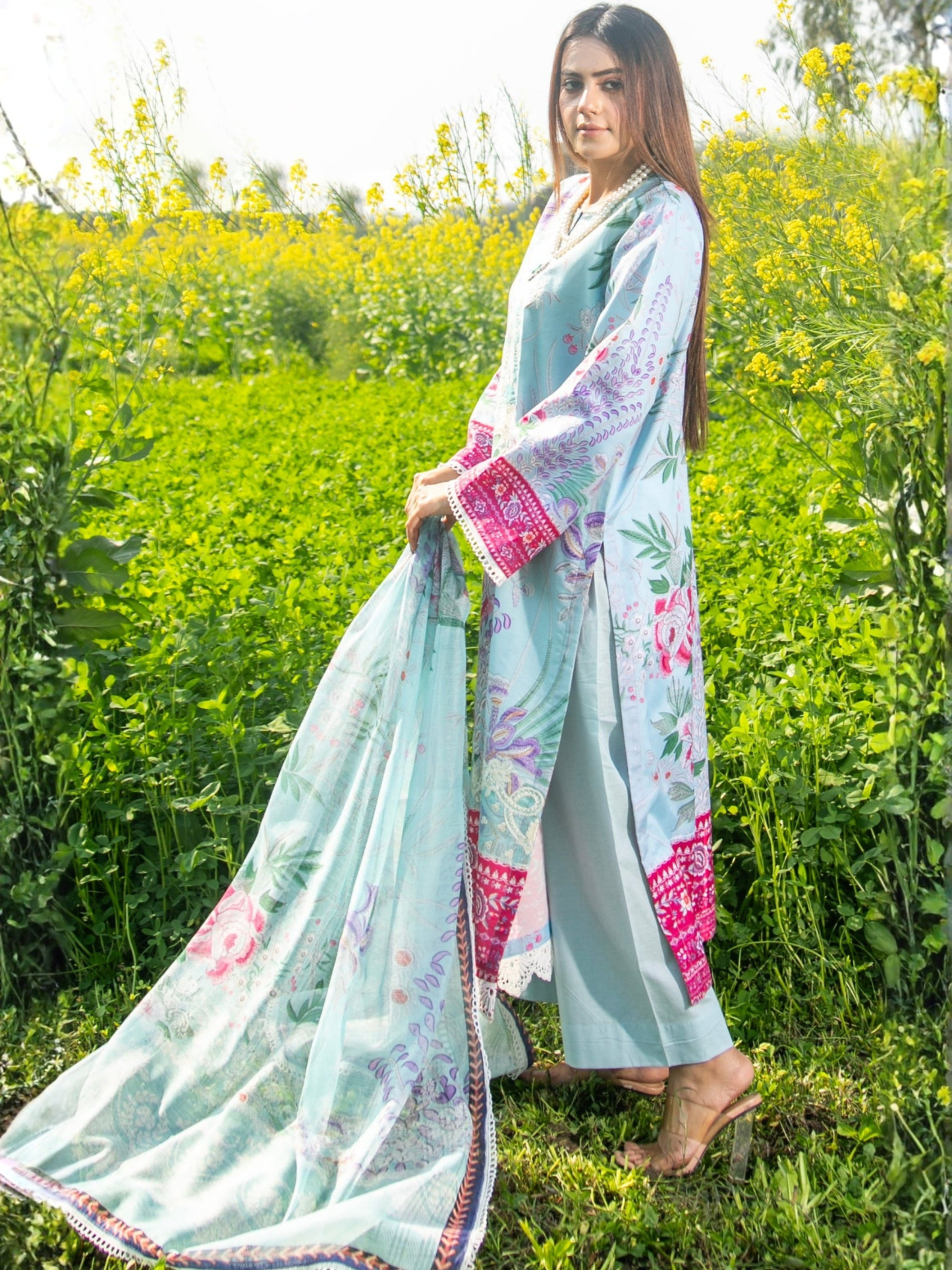 Blue-Chandan Nagri Cotton Embroidered Stitched 3-Piece Suit-Daisy