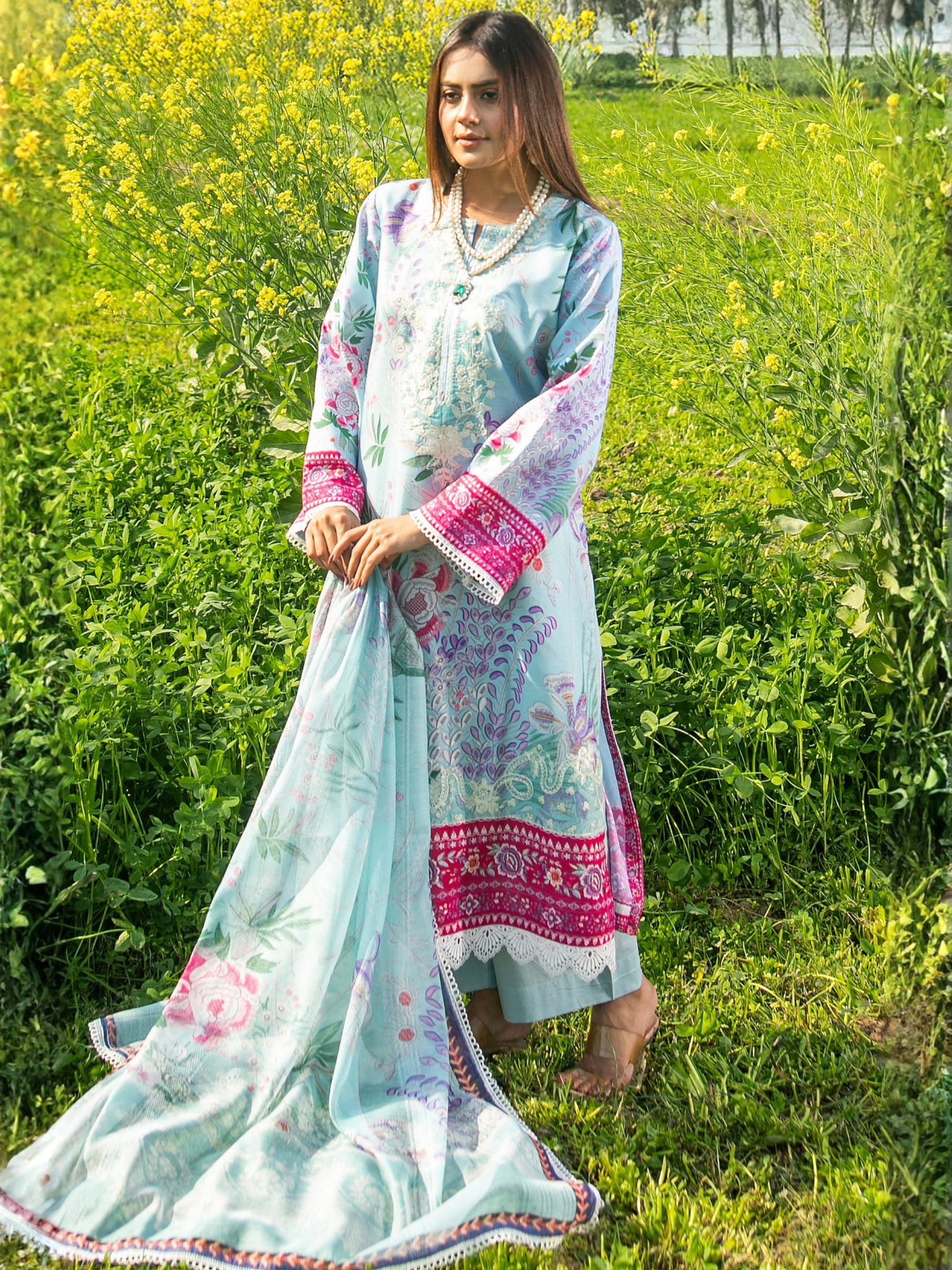 Blue-Chandan Nagri Cotton Embroidered Stitched 3-Piece Suit-Daisy