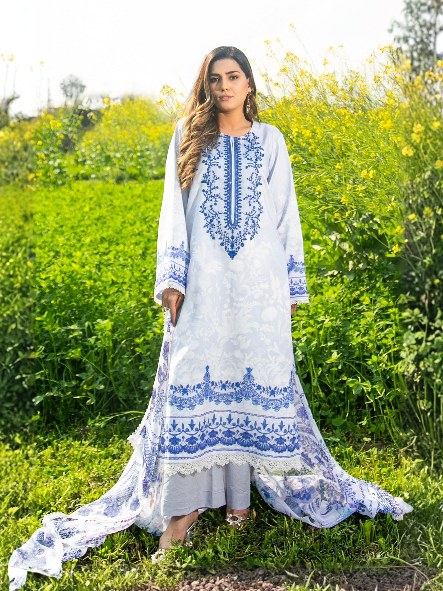 Blue-Chandan Nagri Cotton Lawn Embroidered Stitched 3-Piece Suit-Julet