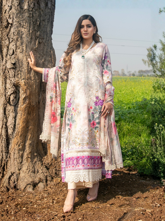 Cream-Chandan Nagri Cotton Lawn Embroidered Stitched 3-Piece Suit-Elie