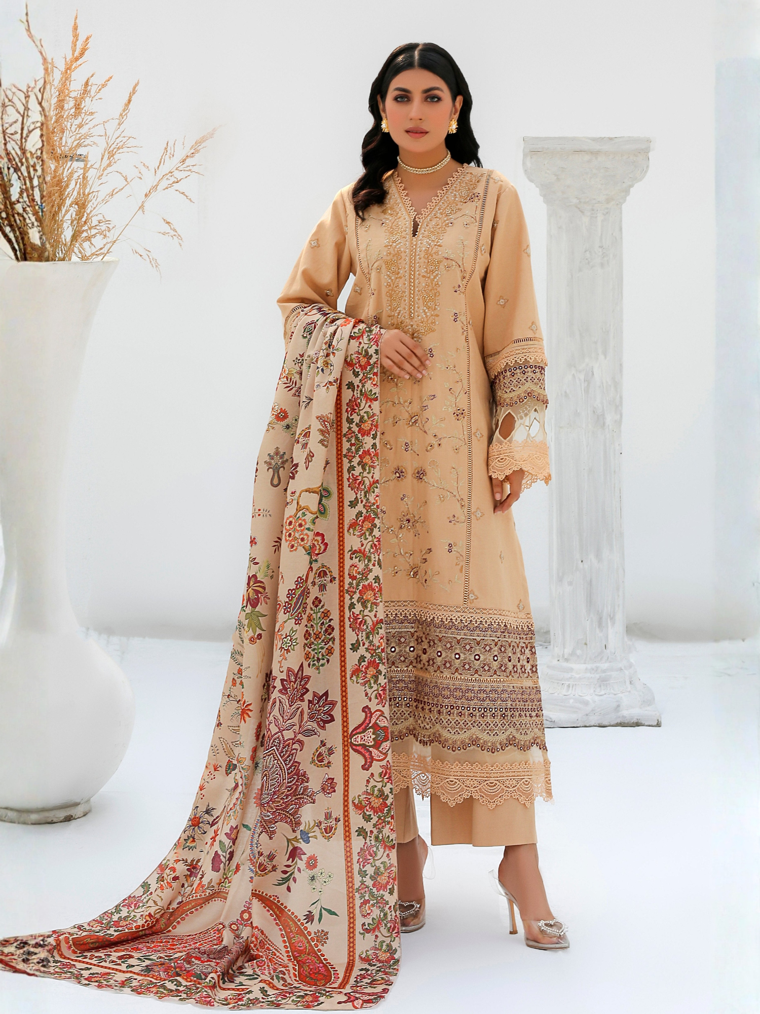 Beige-Chandan Nagri Khaddar Embroidered Stitched 3-Piece Suit-Iresine