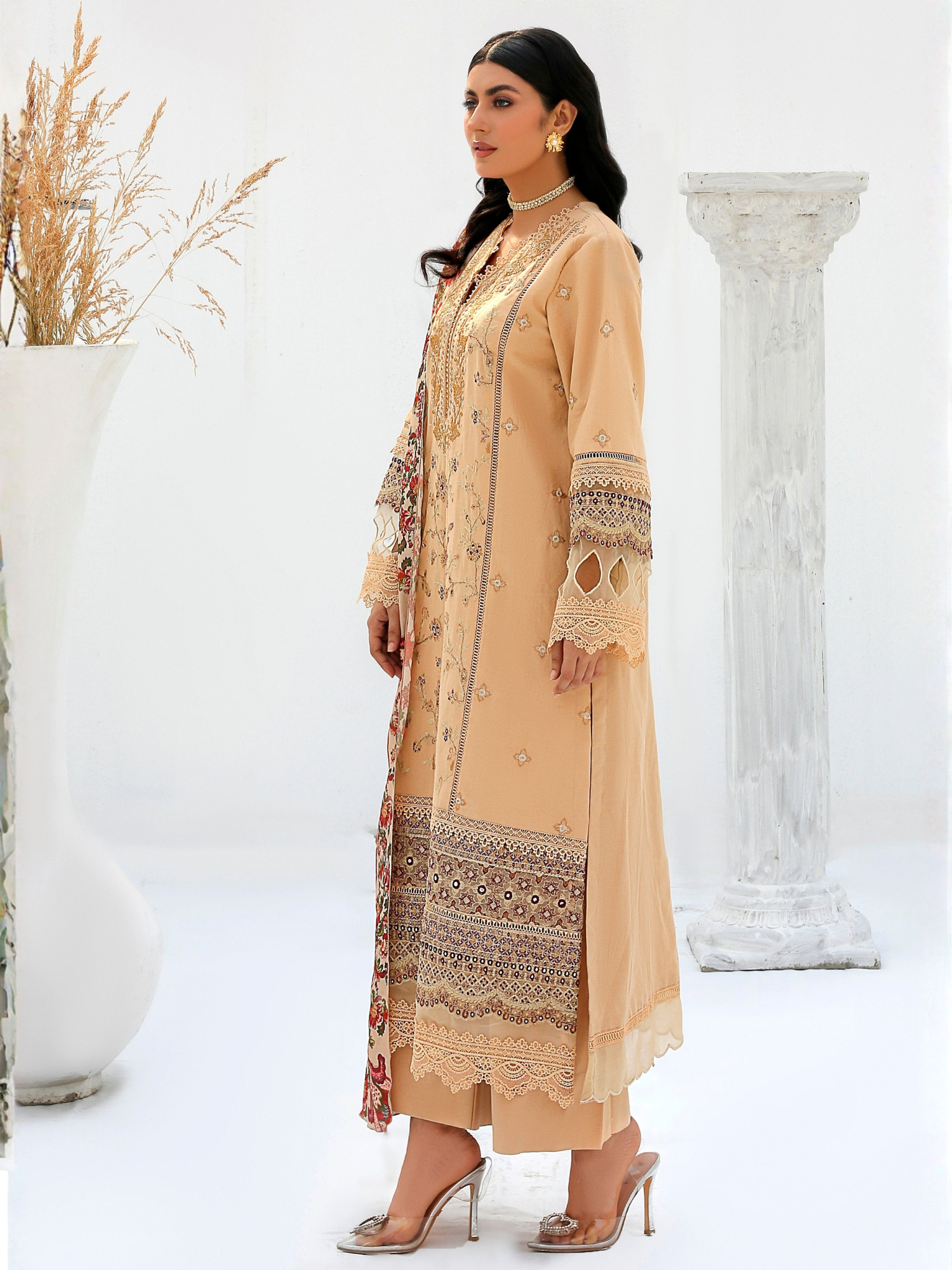 Beige-Chandan Nagri Khaddar Embroidered Stitched 3-Piece Suit-Iresine