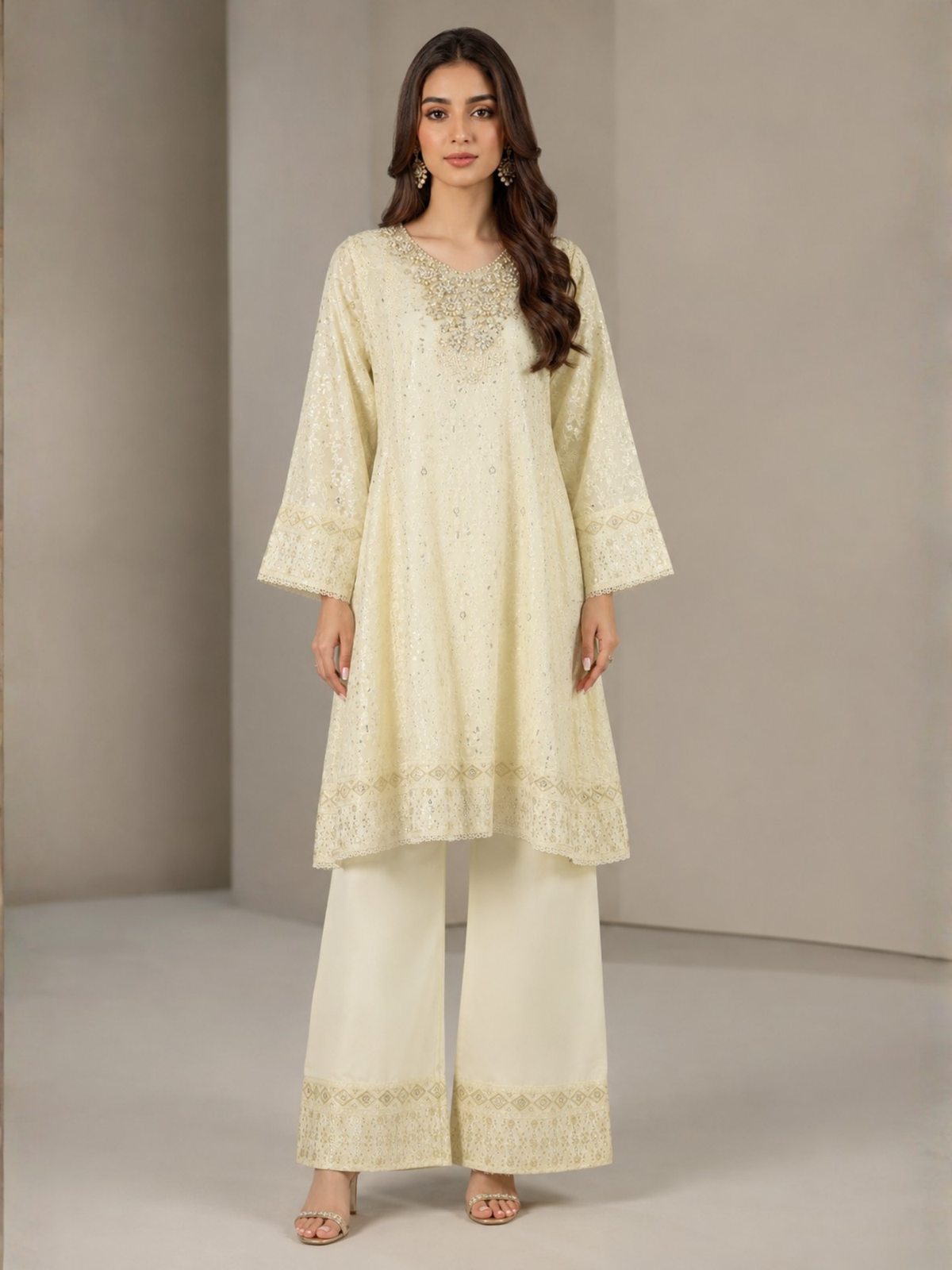 Ivory HEM Chiffon Embroidered Stitched 3-Piece Suit-Nayyaab