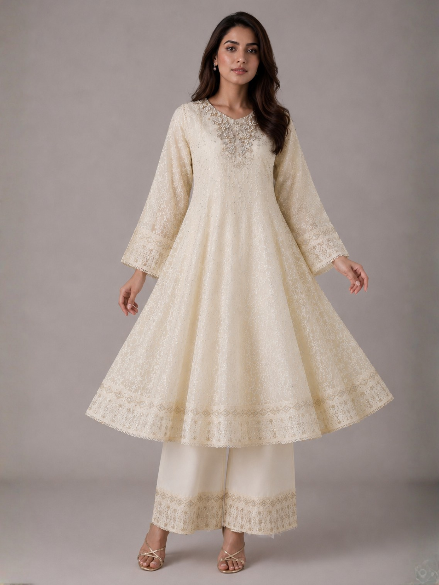 Ivory HEM Chiffon Embroidered Stitched 3-Piece Suit-Nayyaab