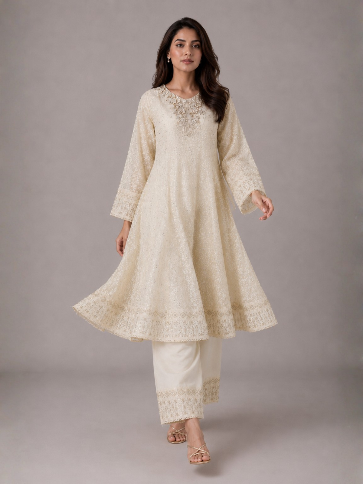 Ivory HEM Chiffon Embroidered Stitched 3-Piece Suit-Nayyaab