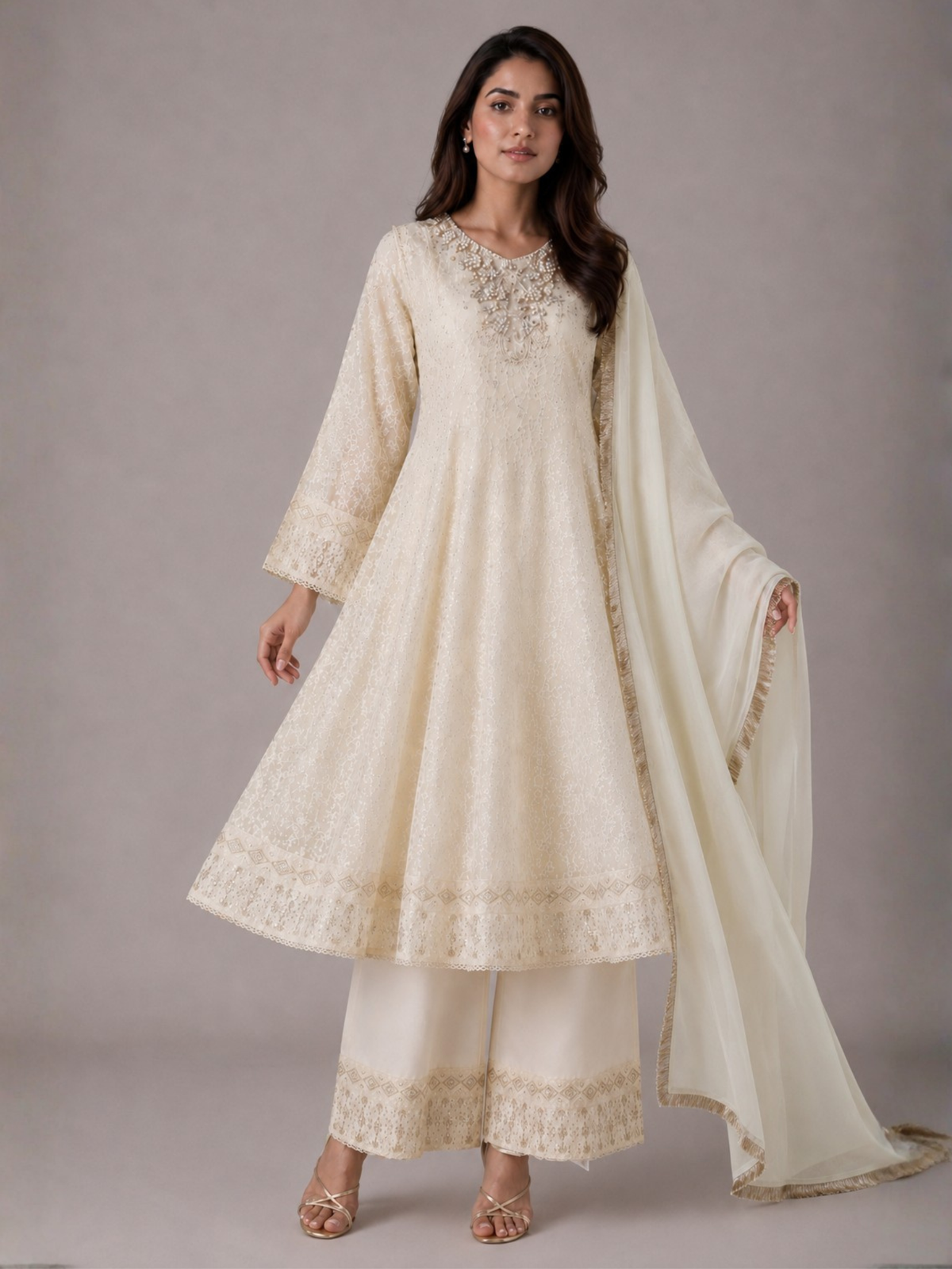 Ivory HEM Chiffon Embroidered Stitched 3-Piece Suit-Nayyaab