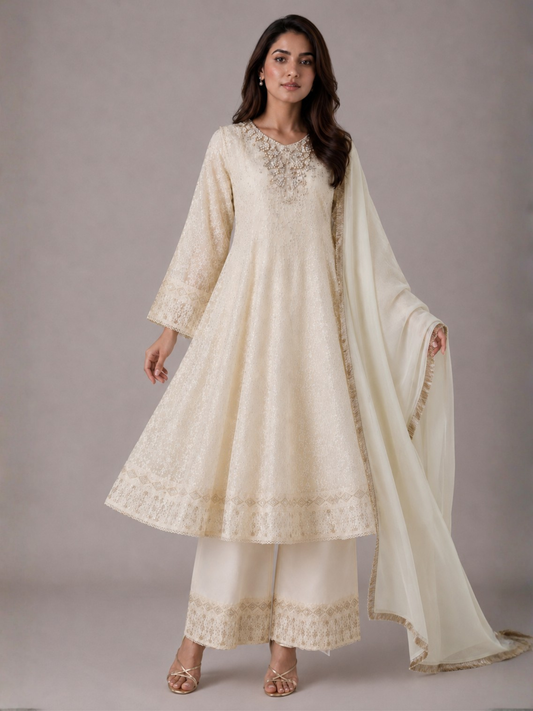 Ivory HEM Chiffon Embroidered Stitched 3-Piece Suit-Nayyaab