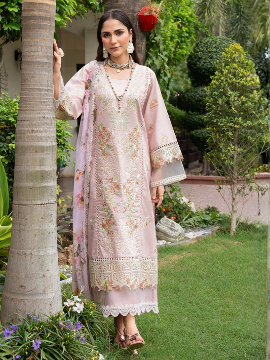 Pink-Chandan Nagri Lawn Cotton Embroidered Stitched 3-Piece Suit-Zoye Ira