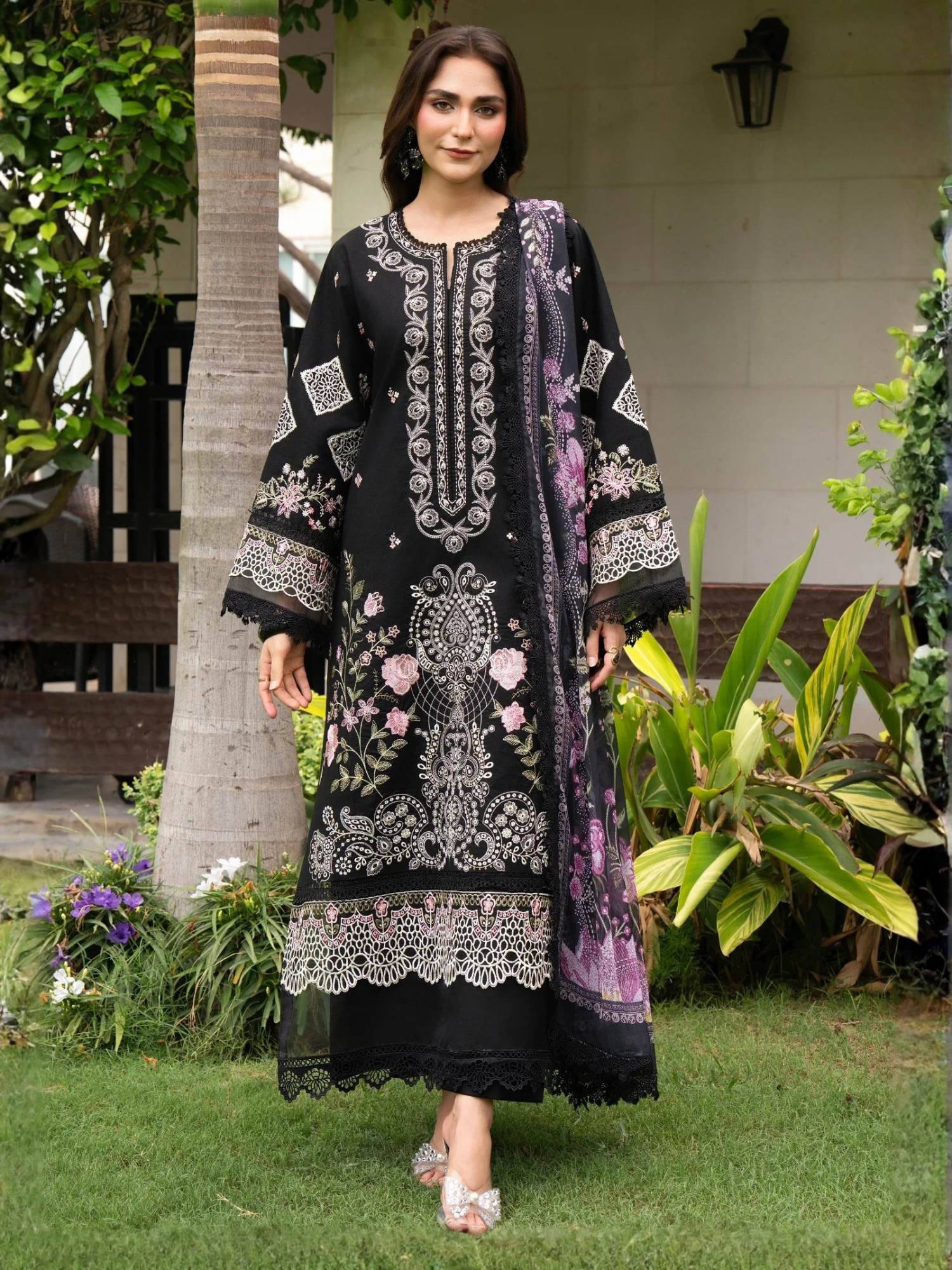 Black-Chandan Nagri Lawn Cotton Embroidered Stitched 3-Piece Suit-Zara Mist 