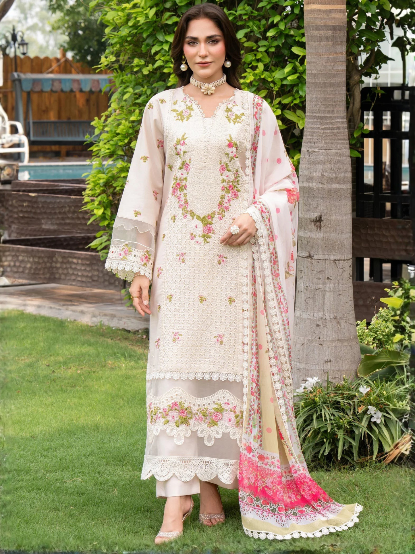 White Chandan Nagri Lawn Cotton Embroidered Stitched 3-Piece Suit-Floral Jade