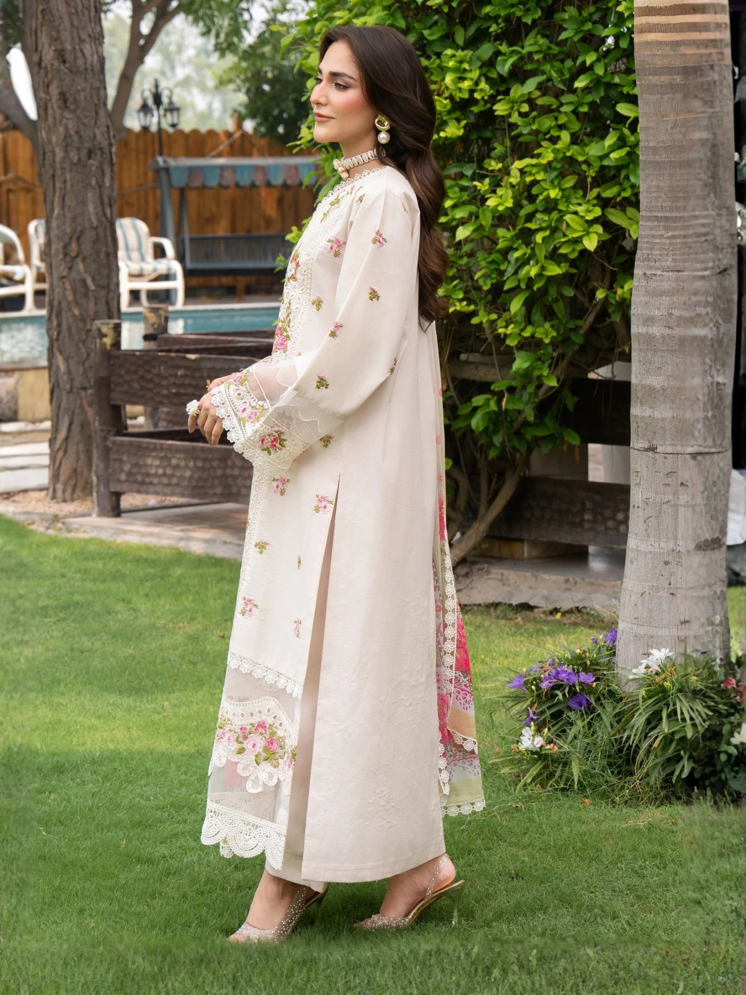White Chandan Nagri Lawn Cotton Embroidered Stitched 3-Piece Suit-Floral Jade