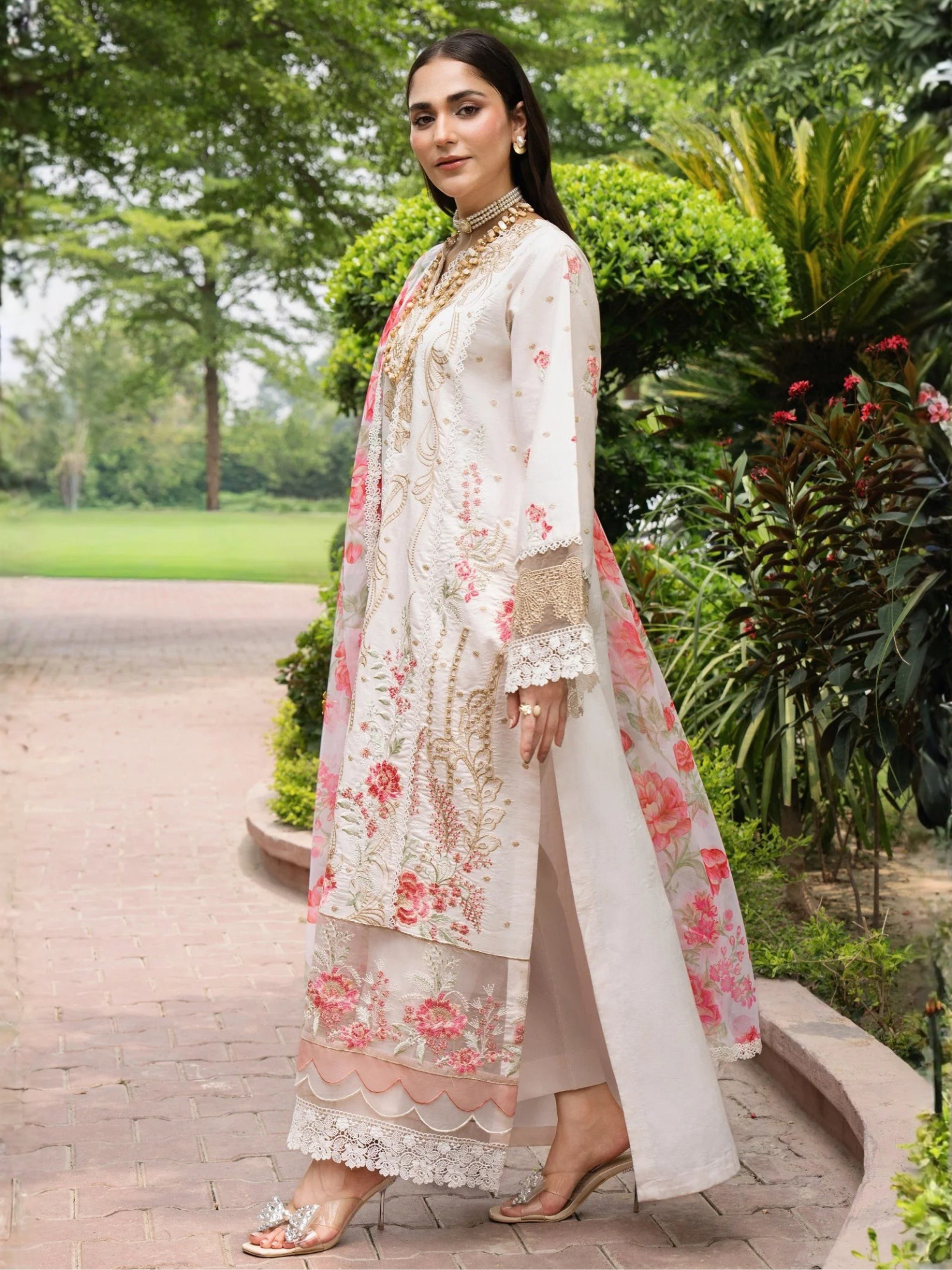 White and Pink-Chandan Nagri Lawn Cotton Embroidered Stitched 3-Piece Suit-Rumie Voil