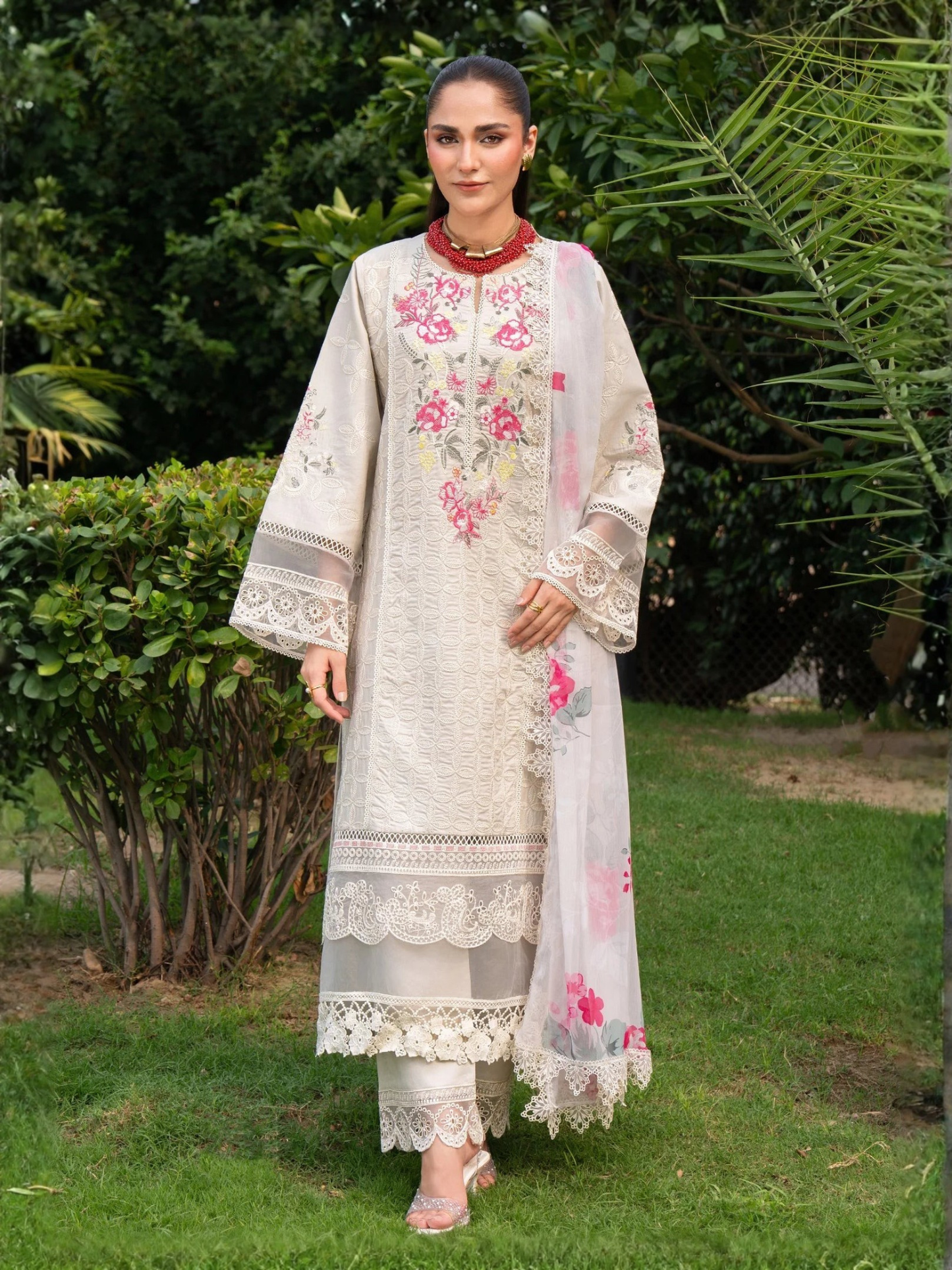 white-Chandan Nagri Lawn Cotton Embroidered Stitched 3-Piece Suit-Aura Spring