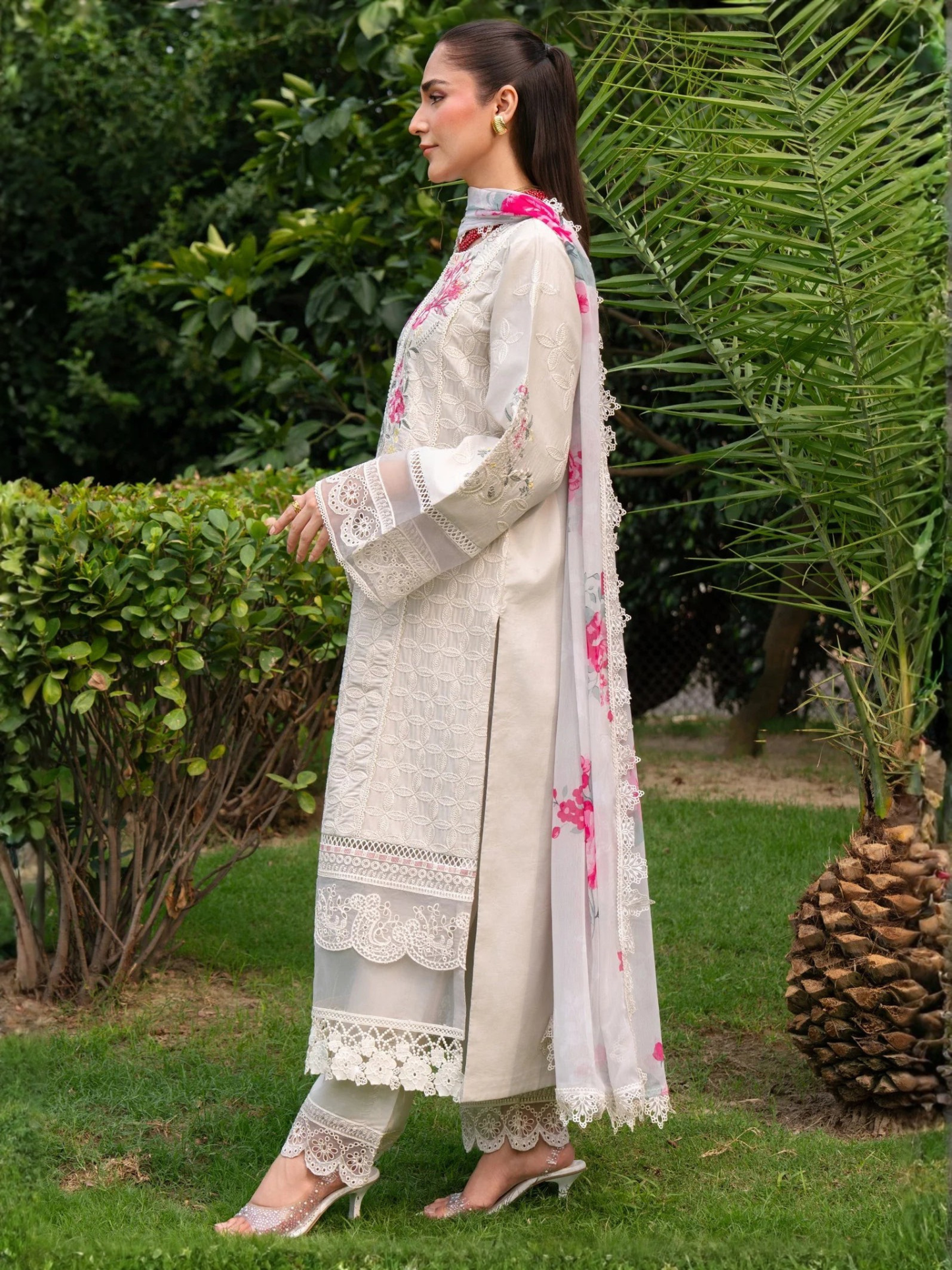 white-Chandan Nagri Lawn Cotton Embroidered Stitched 3-Piece Suit-Aura Spring