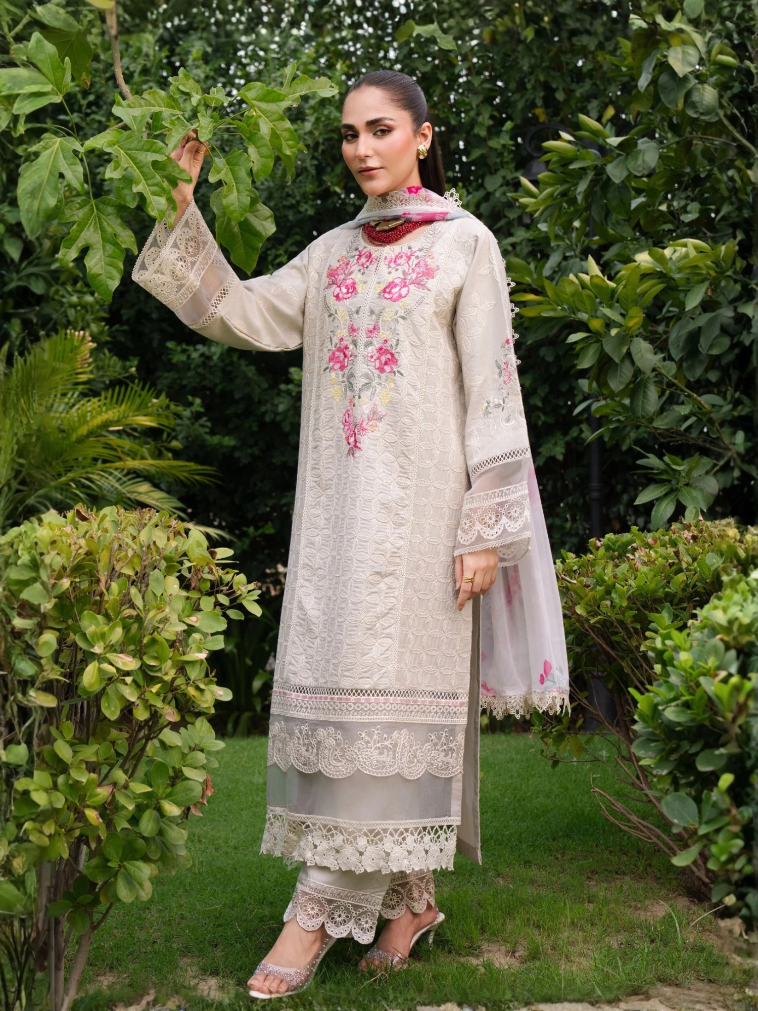 white-Chandan Nagri Lawn Cotton Embroidered Stitched 3-Piece Suit-Aura Spring