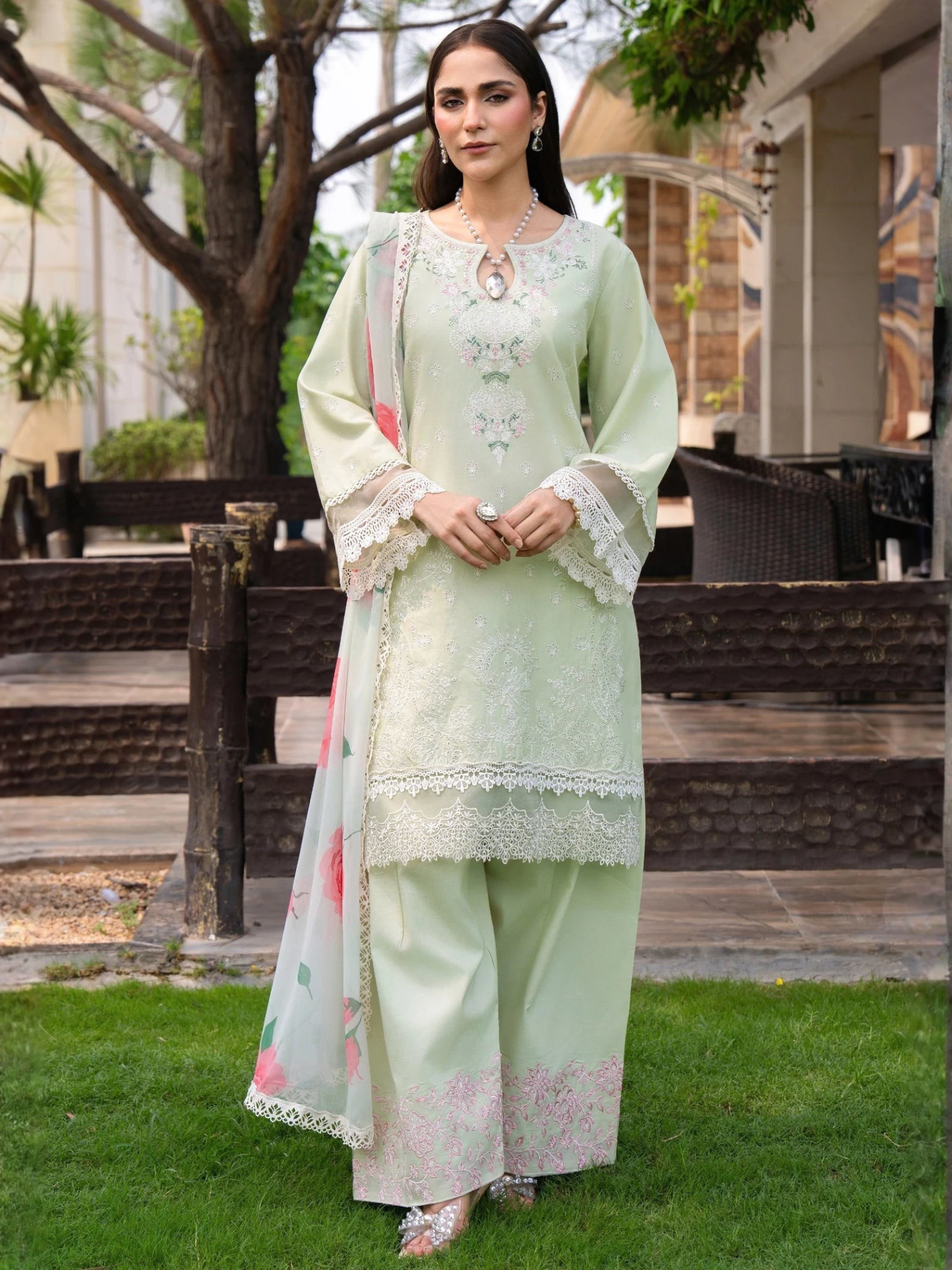Mint Green-Chandan Nagri Lawn Cotton Embroidered Stitched 3-Piece Suit-Misey Pearl