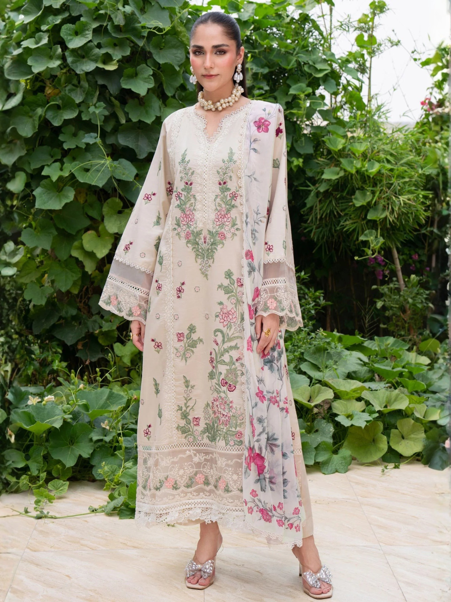 Cream-Chandan Nagri Lawn Cotton Embroidered Stitched 3-Piece Suit-Mirae Noor