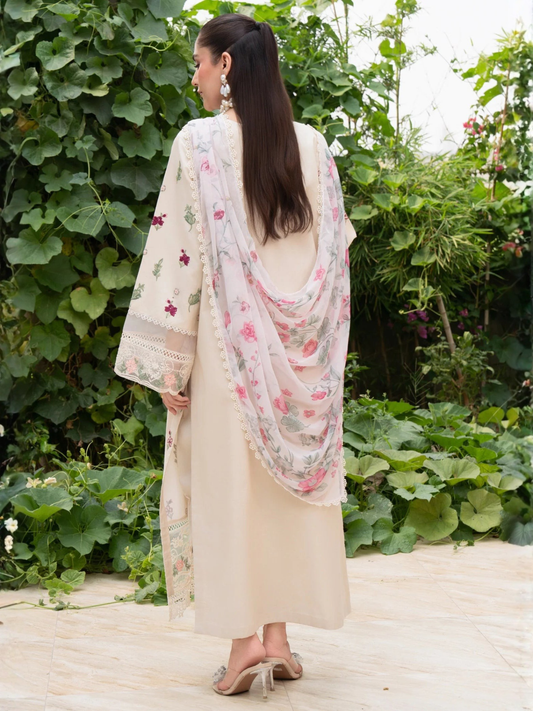 Cream-Chandan Nagri Lawn Cotton Embroidered Stitched 3-Piece Suit-Mirae Noor
