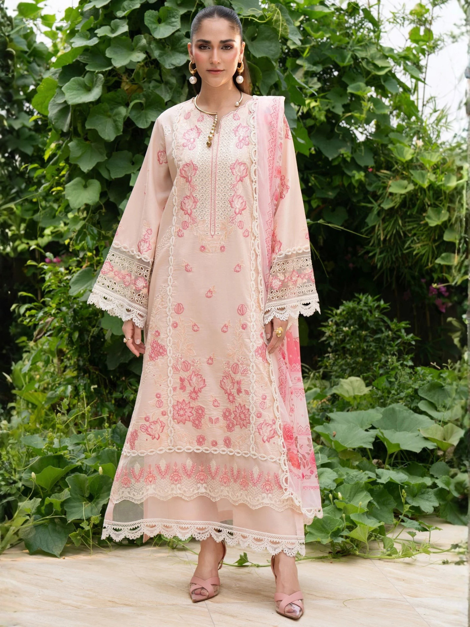 Pink-Chandan Nagri Lawn Cotton Embroidered Stitched 3-Piece Suit-Ashen Grace