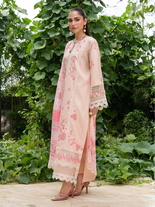 Pink-Chandan Nagri Lawn Cotton Embroidered Stitched 3-Piece Suit-Ashen Grace