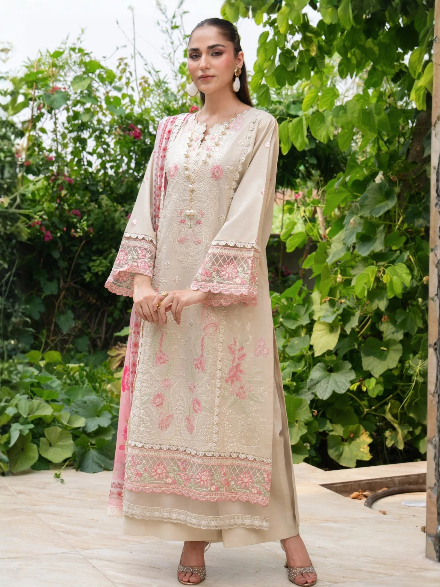 Cream and Pink-Chandan Nagri Lawn Cotton Embroidered Stitched 3-Piece Suit-Eclipse Veil