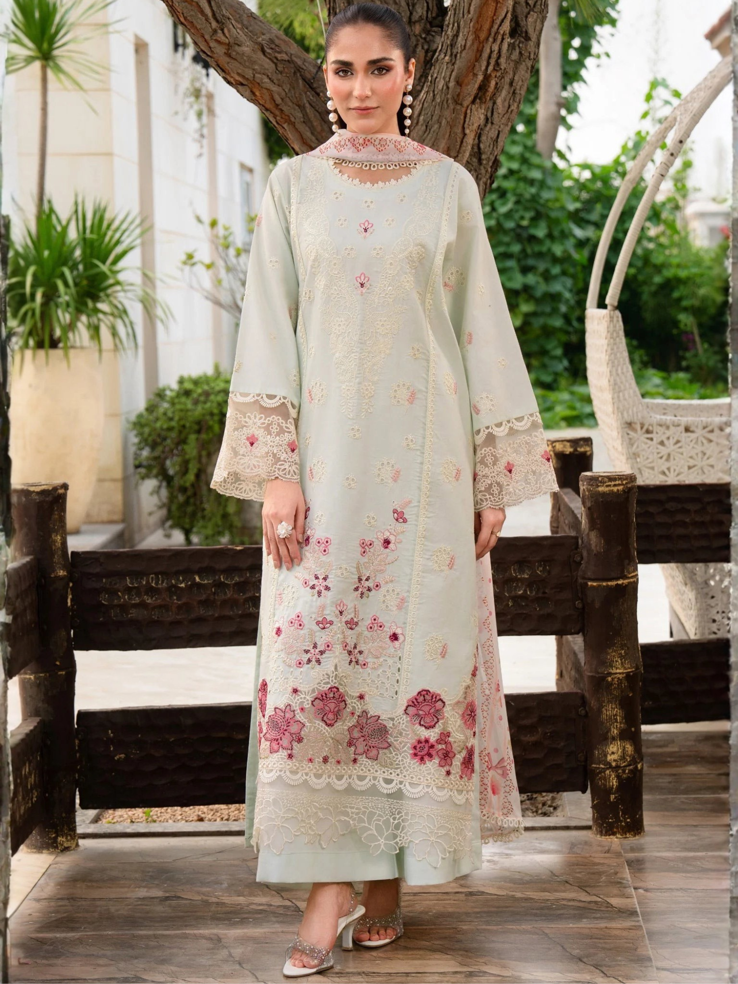 Mint green-Chandan Nagri Lawn Cotton Embroidered Stitched 3-Piece Suit-Whimsay pine