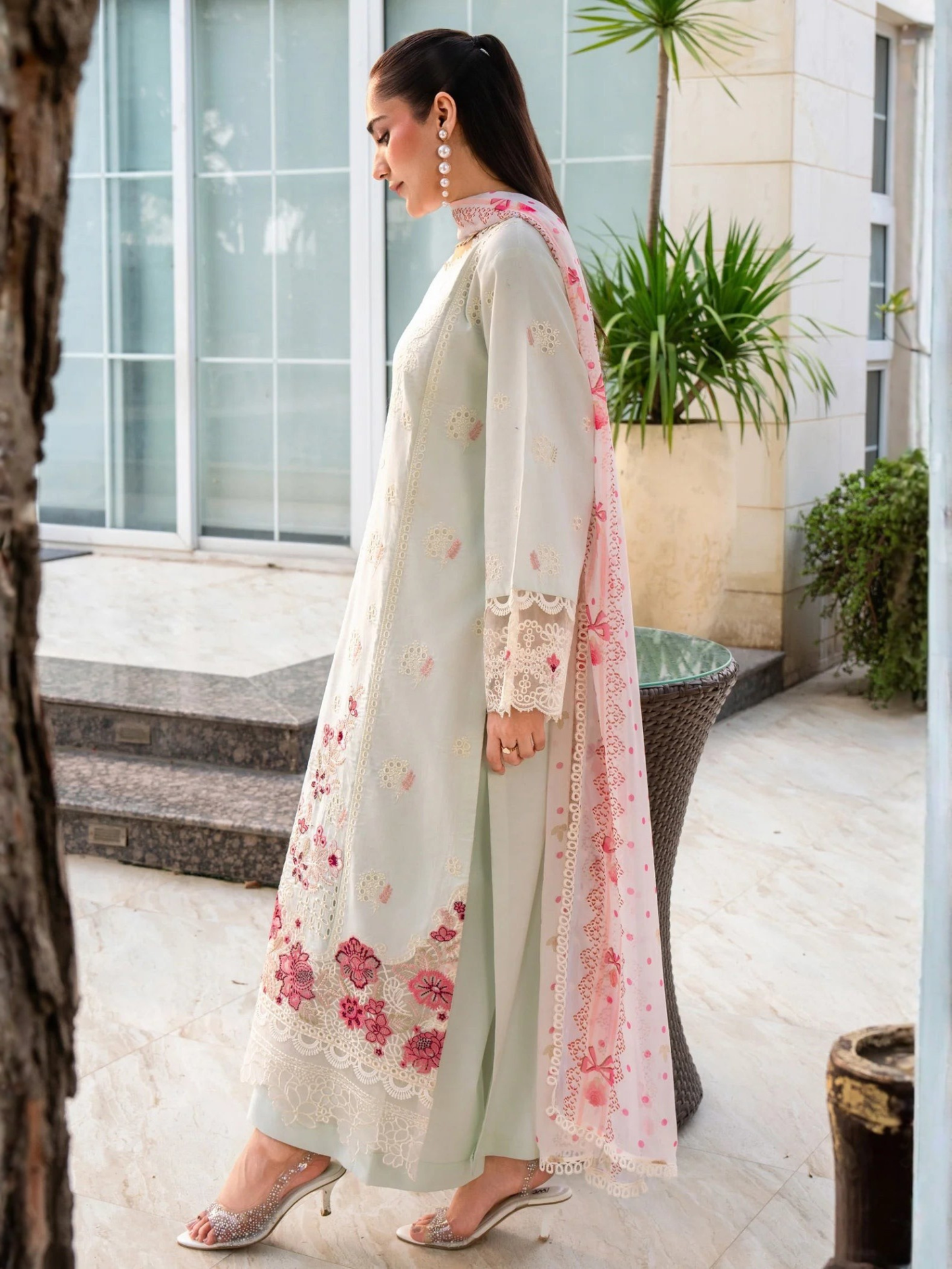 Mint green-Chandan Nagri Lawn Cotton Embroidered Stitched 3-Piece Suit-Whimsay pine