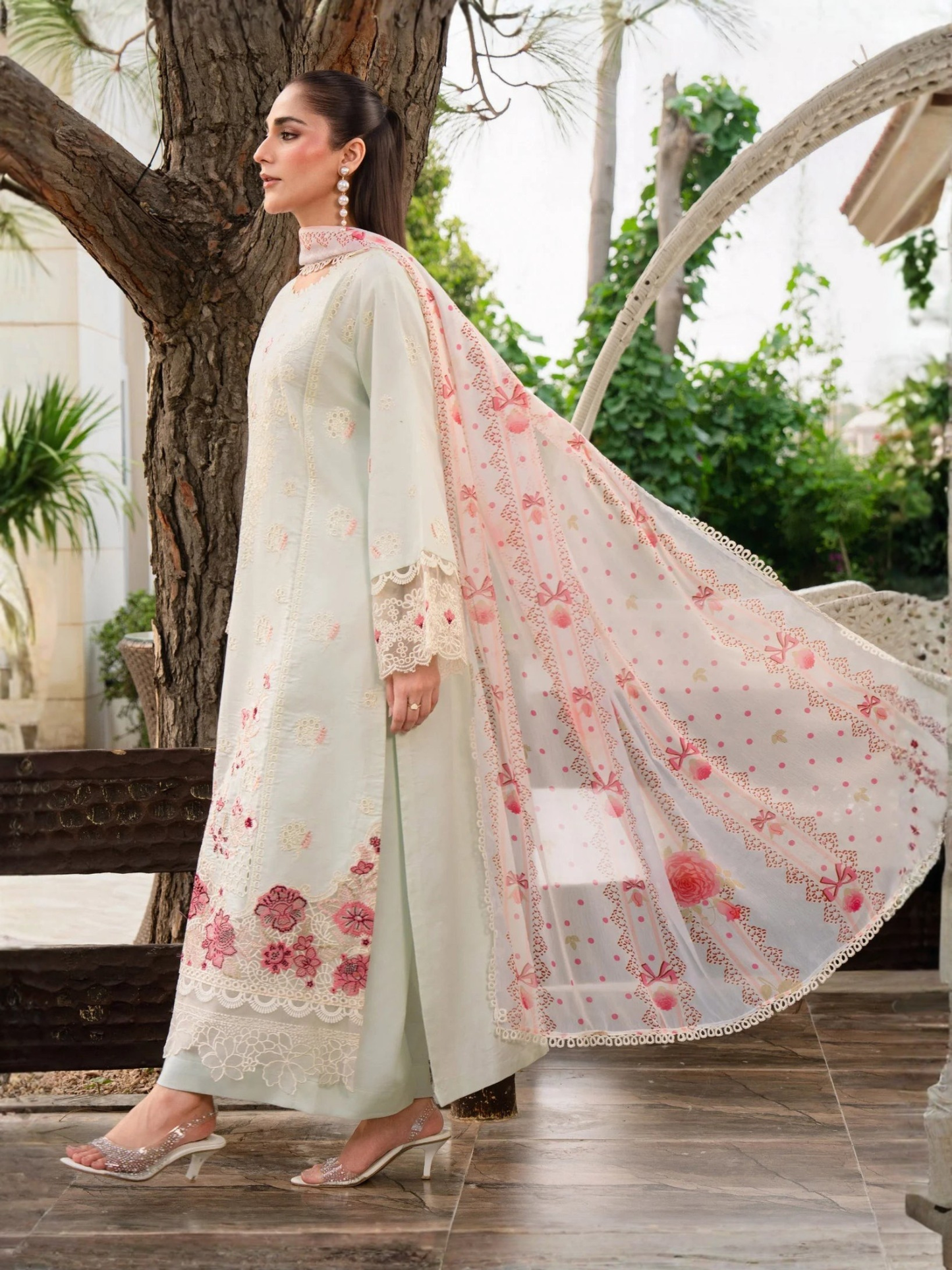 Mint green-Chandan Nagri Lawn Cotton Embroidered Stitched 3-Piece Suit-Whimsay pine