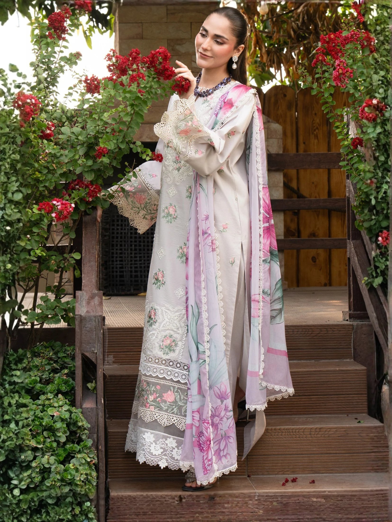 Purple-Chandan Nagri Lawn Cotton Embroidered Stitched 3-Piece Suit-Verdant glow
