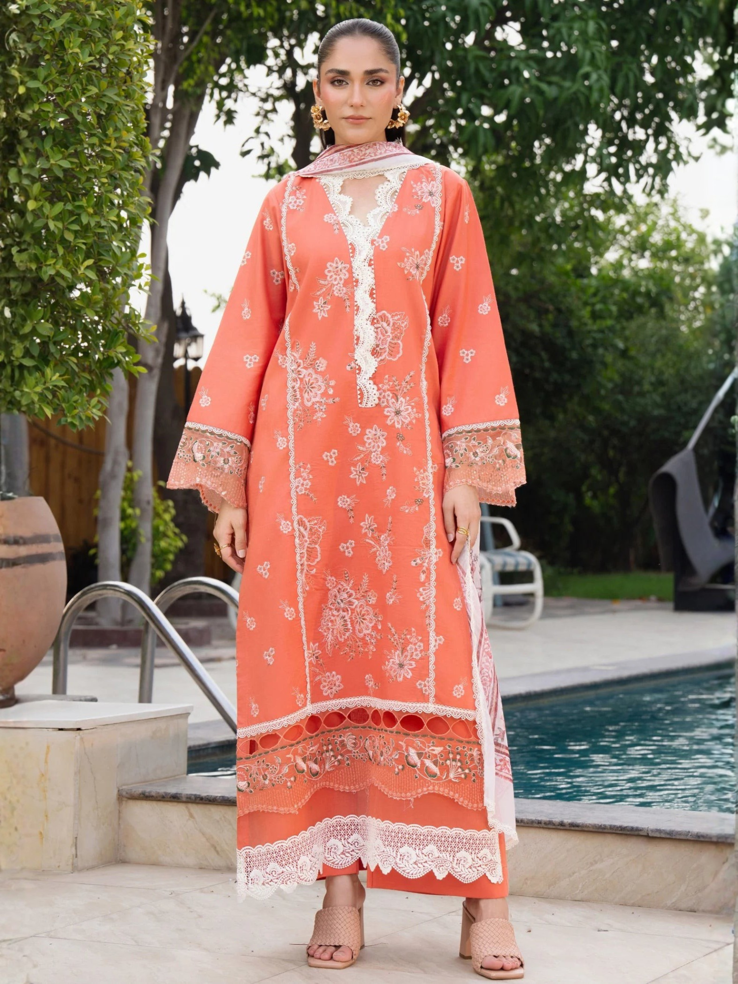 Peach-Chandan Nagri Lawn Cotton Embroidered Stitched 3-Piece Suit-Elina Aura