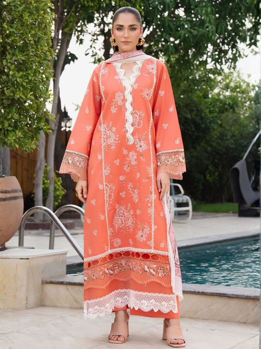 Peach-Chandan Nagri Lawn Cotton Embroidered Stitched 3-Piece Suit-Elina Aura