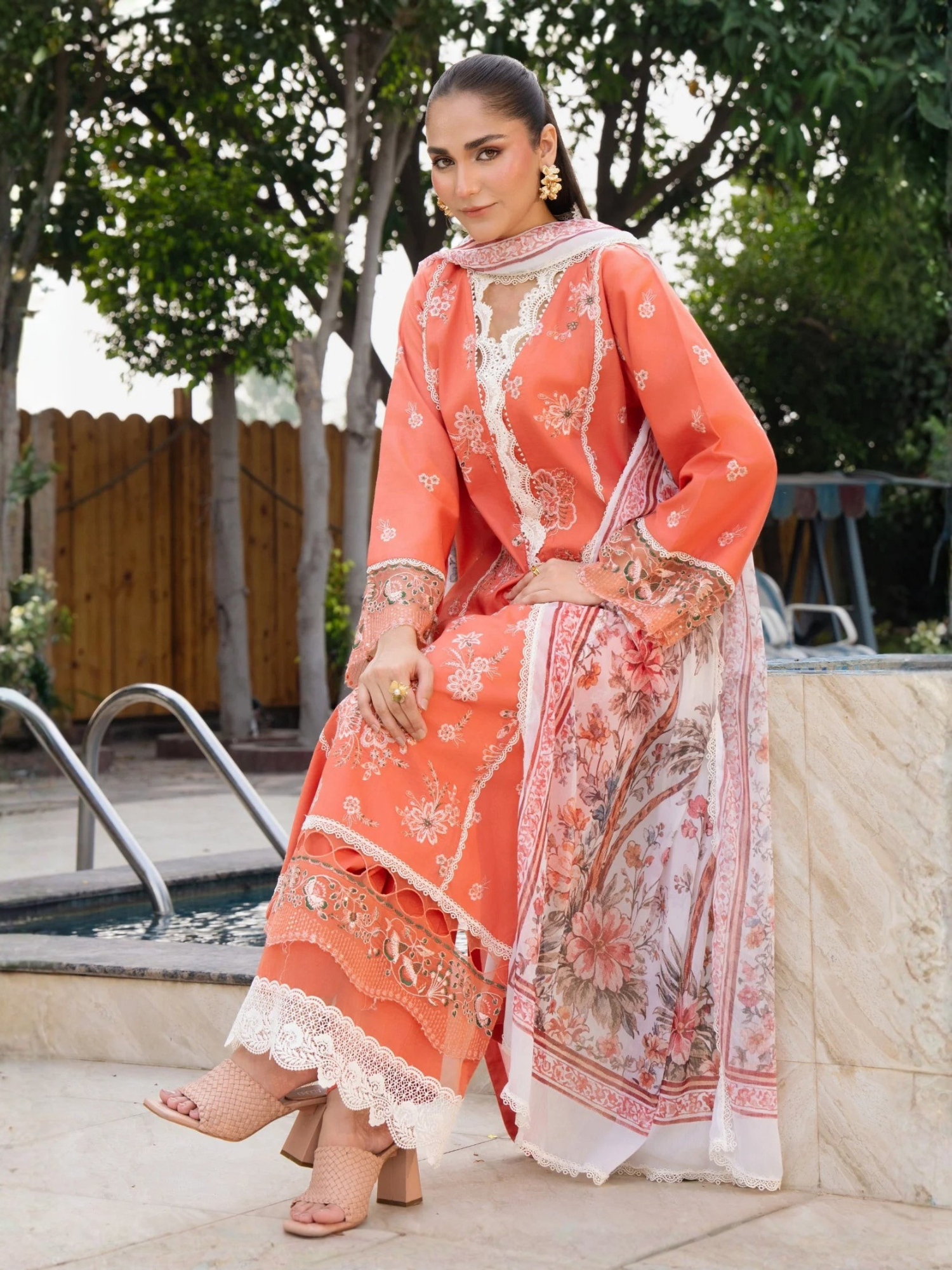 Peach-Chandan Nagri Lawn Cotton Embroidered Stitched 3-Piece Suit-Elina Aura