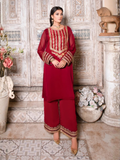 Maroon-Hani & Umaima Chiffon Embroidered Stitched 3-Piece Suit-Roshan