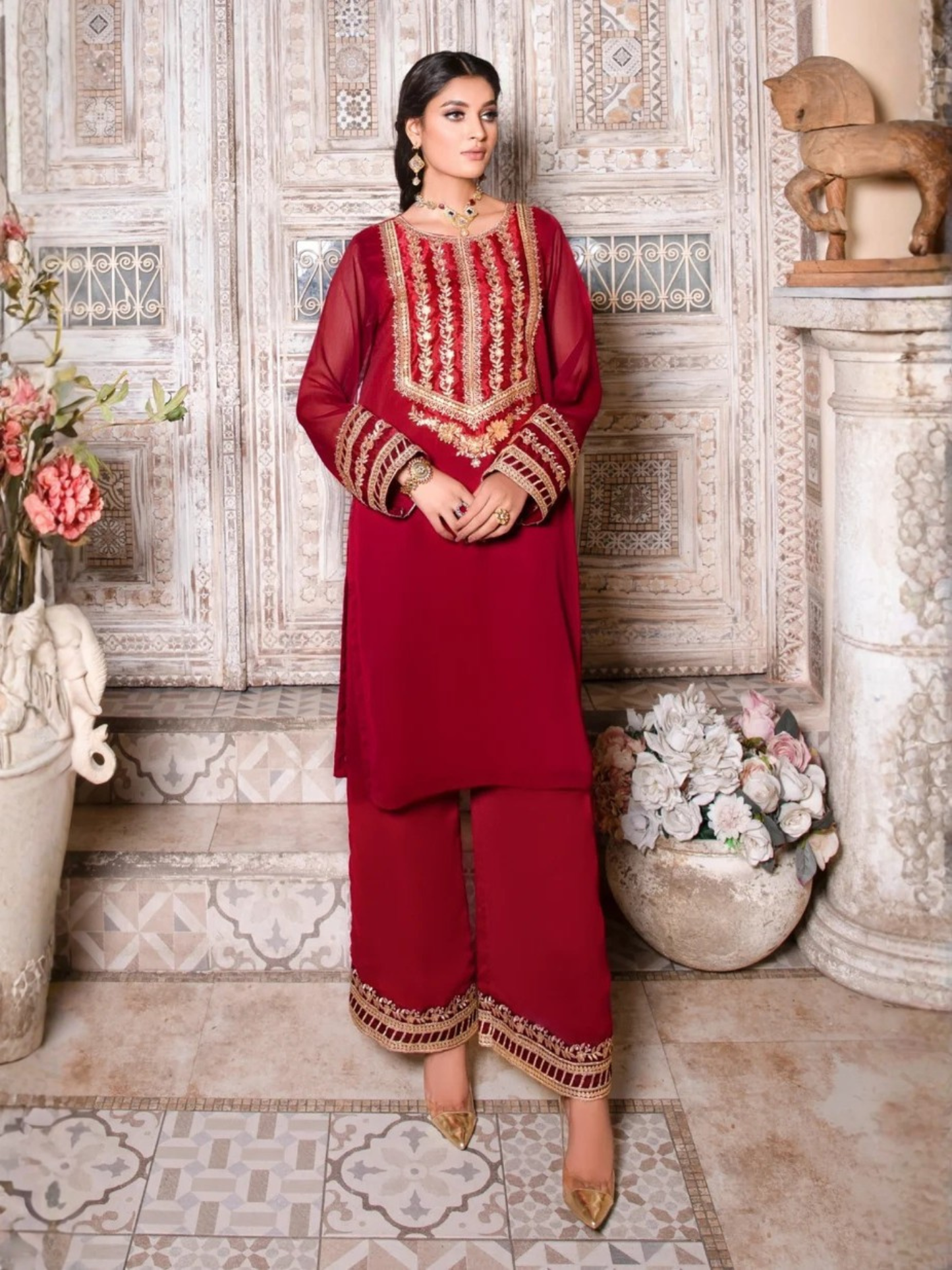 Maroon-Hani & Umaima Chiffon Embroidered Stitched 3-Piece Suit-Roshan