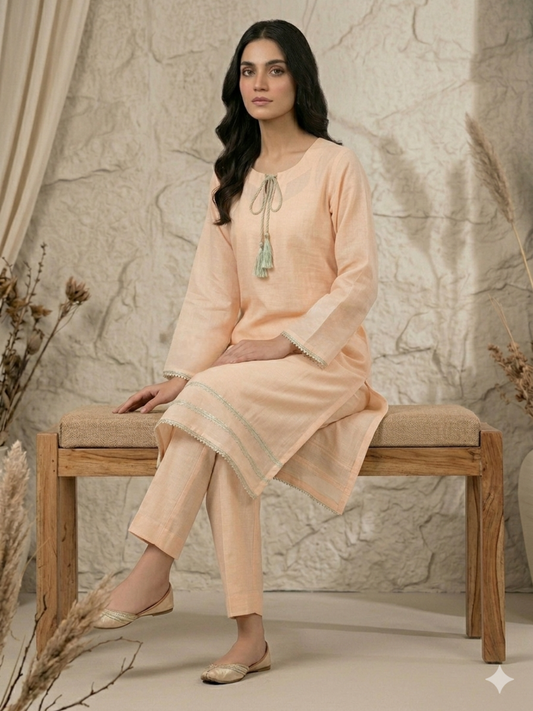 Peach-Bin Shaukat Lawn Brosha Plain Stitched 2-Piece Suit