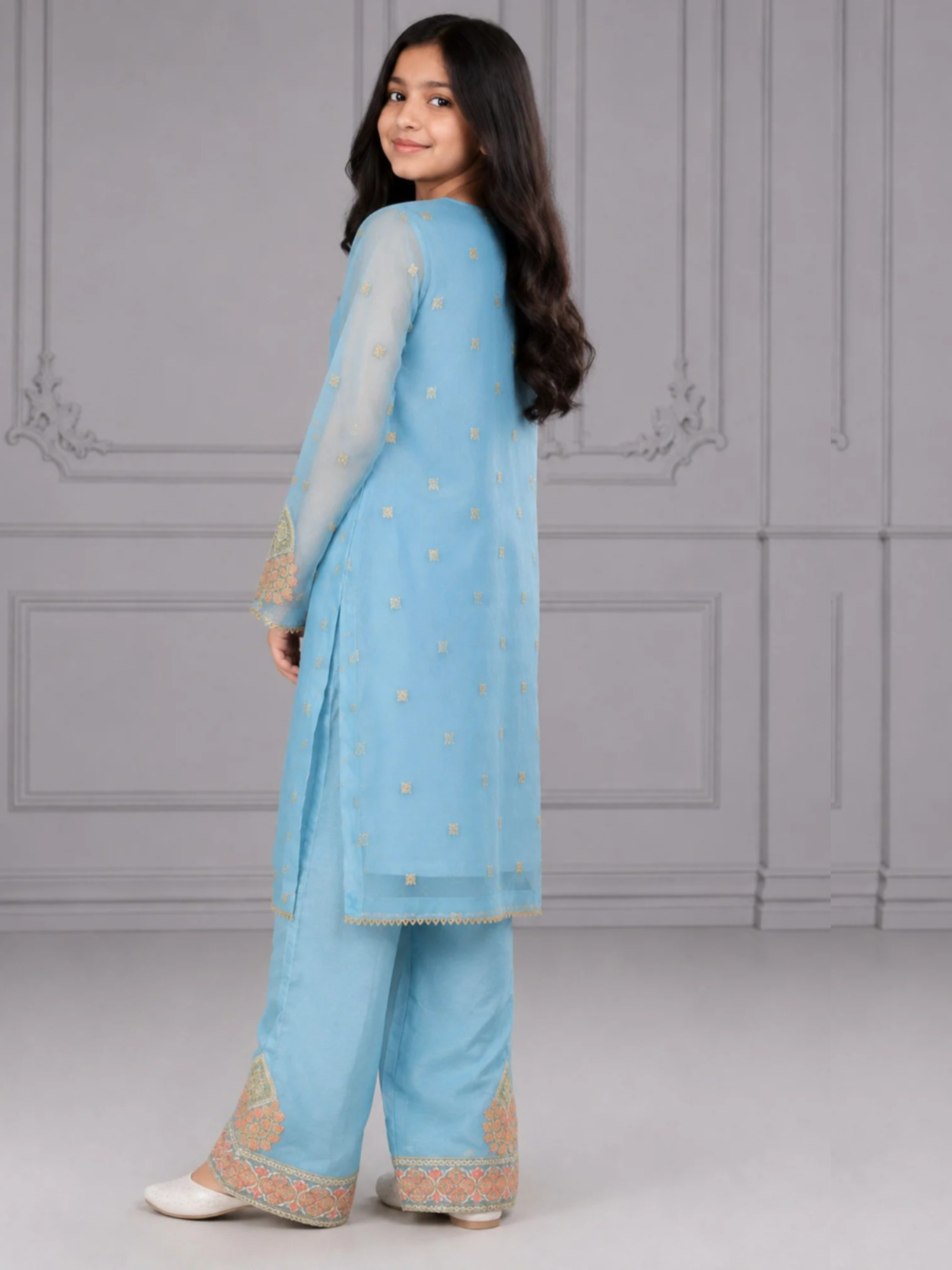 Blue HEM Organza Embroidered Stitched 4-Piece Suit-Zoe Kids