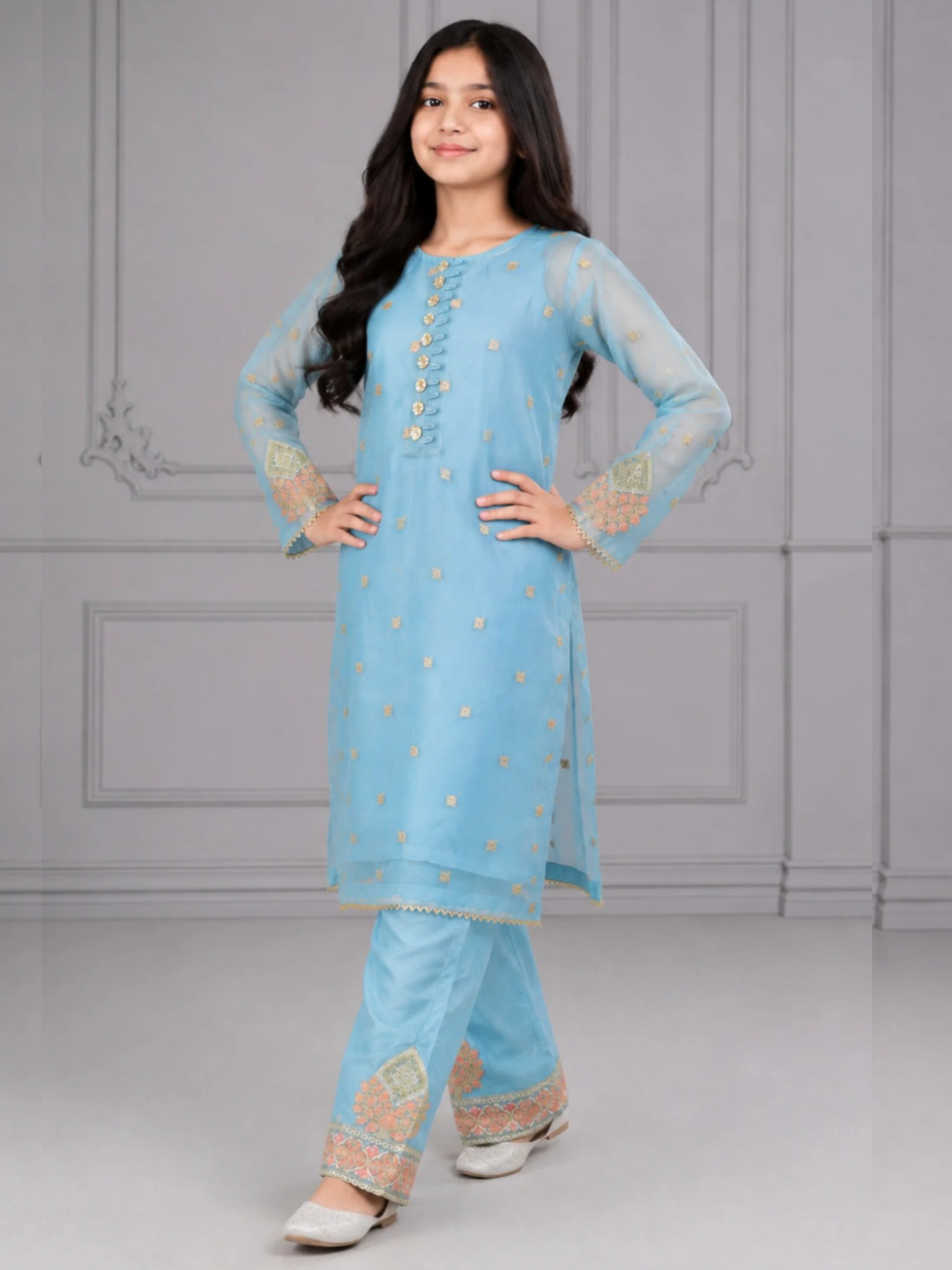 Blue HEM Organza Embroidered Stitched 4-Piece Suit-Zoe Kids