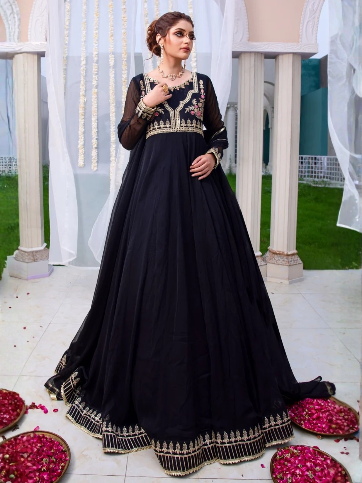 Black-Hani & Umaima Chiffon Embroidered Pishwas-Kajal