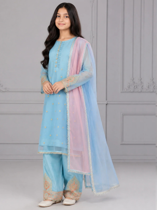 Blue HEM Organza Embroidered Stitched 4-Piece Suit-Zoe Kids