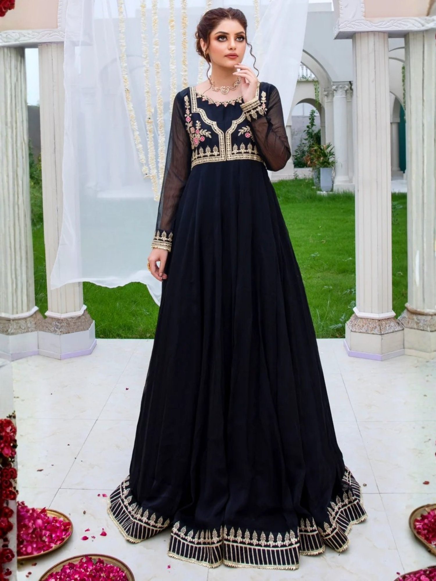 Black-Hani & Umaima Chiffon Embroidered Pishwas-Kajal