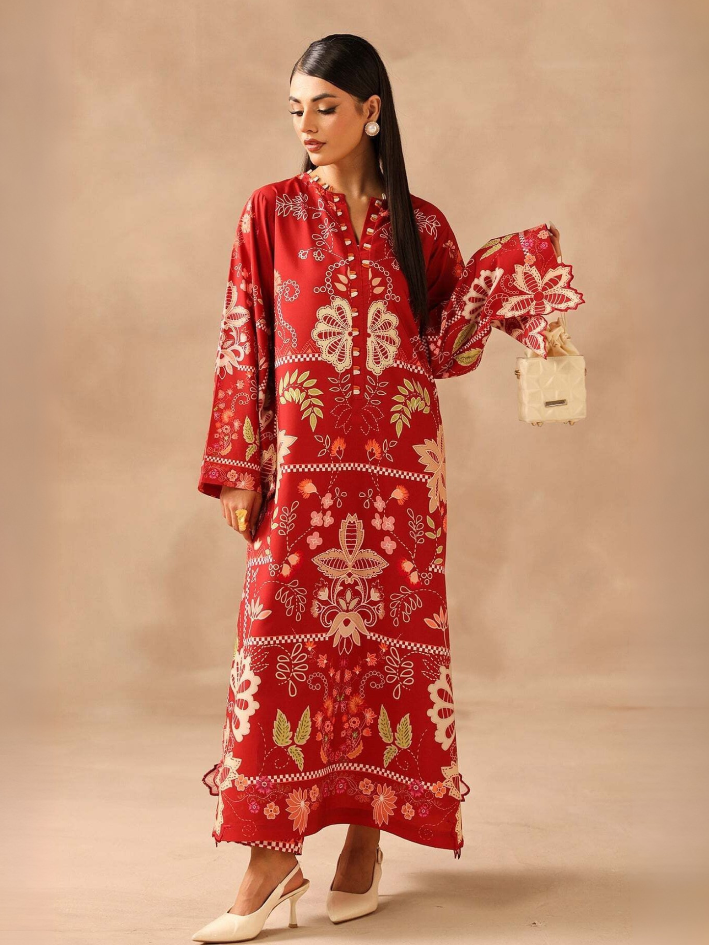 Red MH Cloth House Silk Printed Stitched 2-Piece Suit-Zarqoon