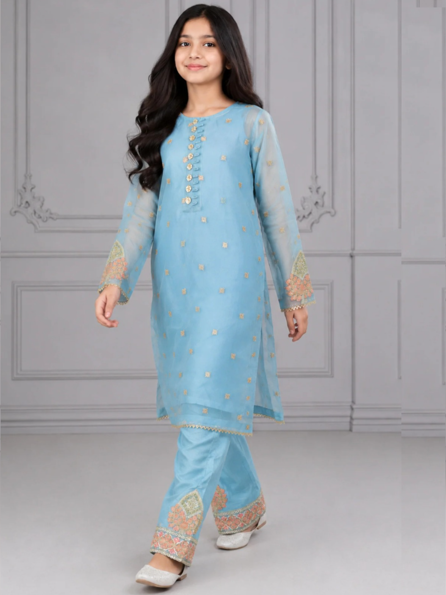 Blue HEM Organza Embroidered Stitched 4-Piece Suit-Zoe Kids