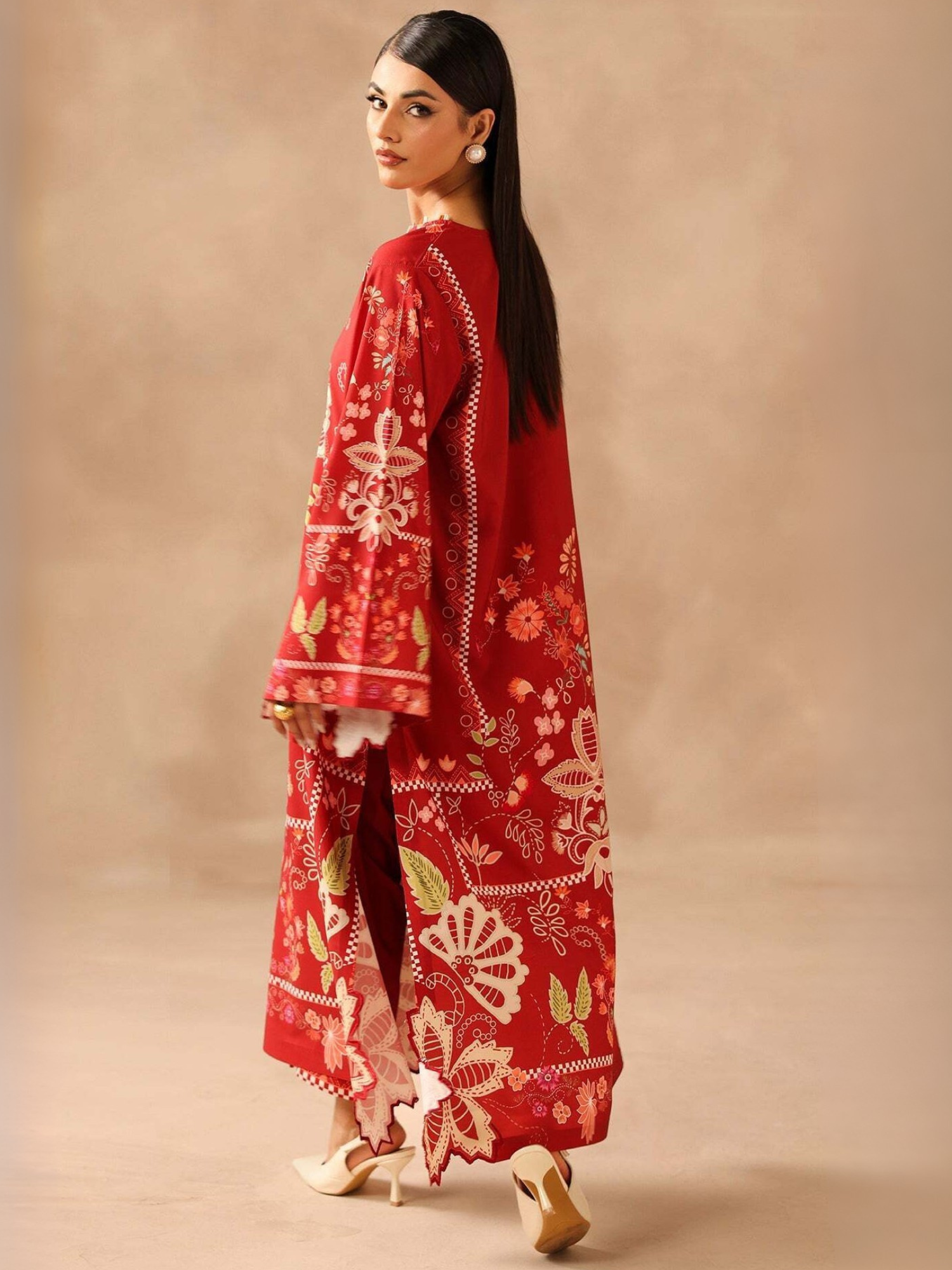 Red MH Cloth House Silk Printed Stitched 2-Piece Suit-Zarqoon