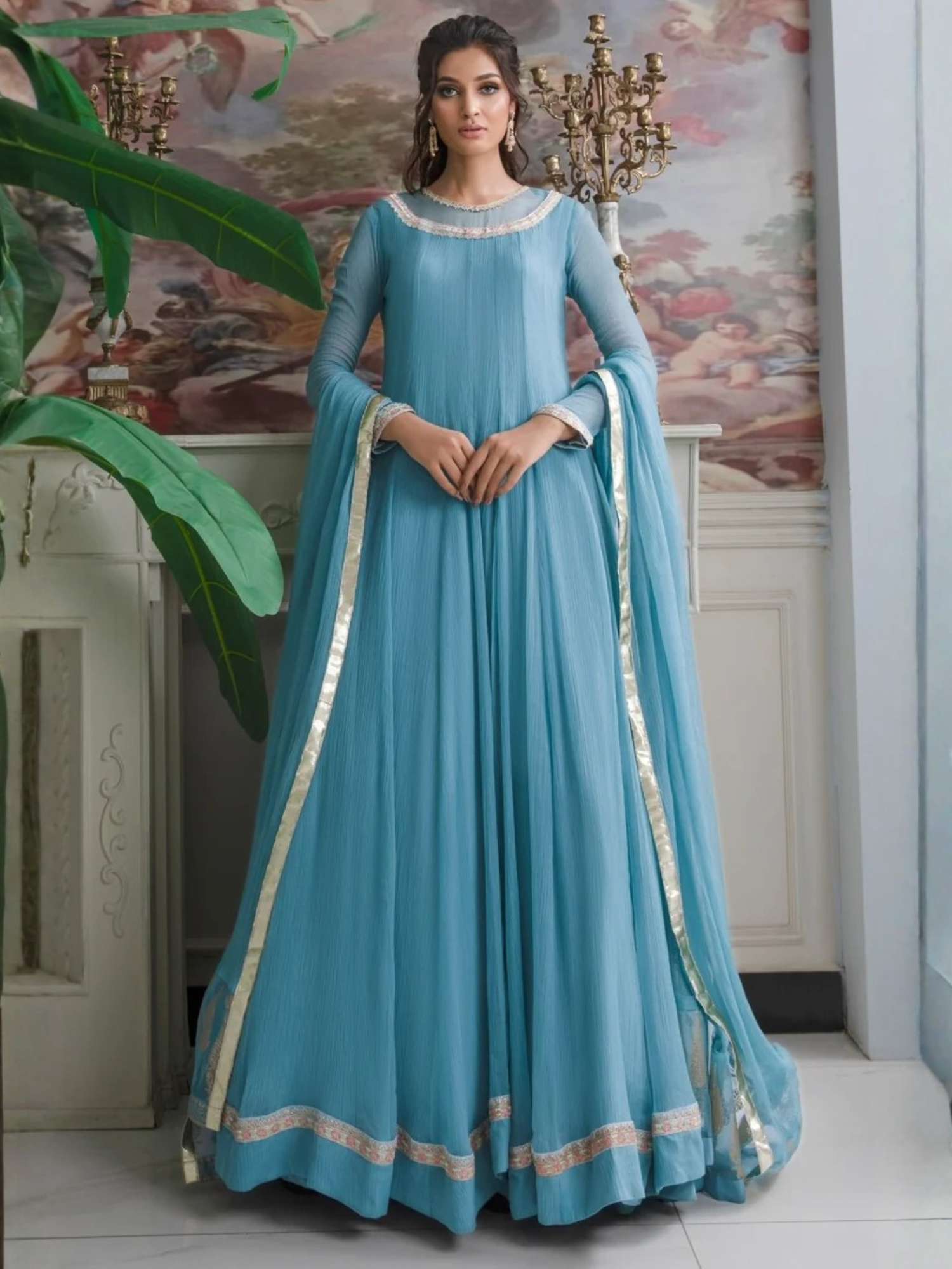 Blue-Hani & Umaima Chiffon Embroidered Maxi-Feroza