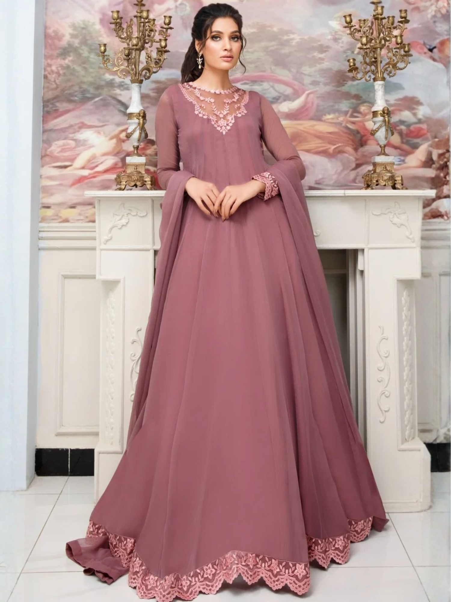 Rose Gold-Hani & Umaima Chiffon Embroidered Maxi-Kanwal