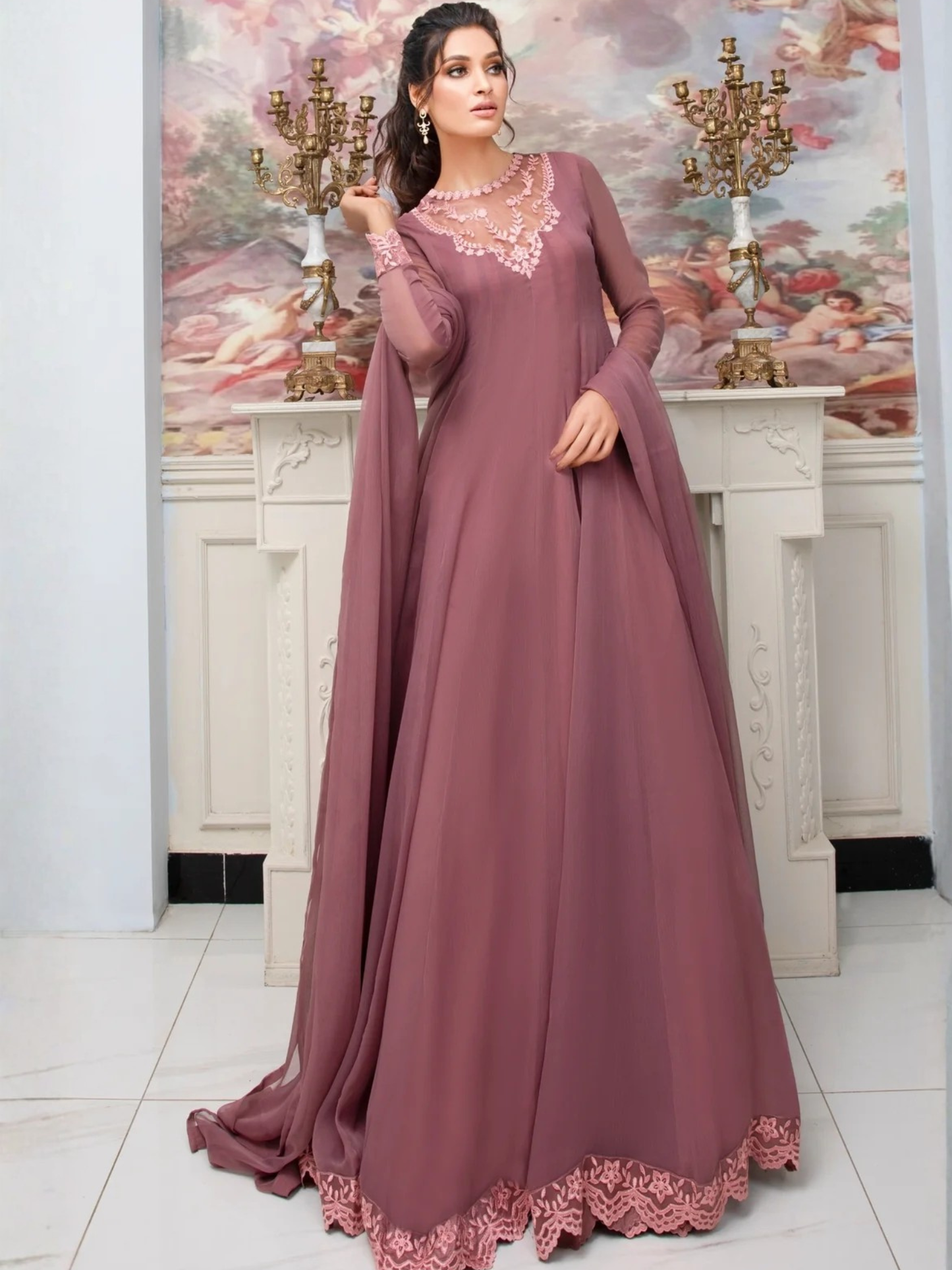 Rose Gold-Hani & Umaima Chiffon Embroidered Maxi-Kanwal
